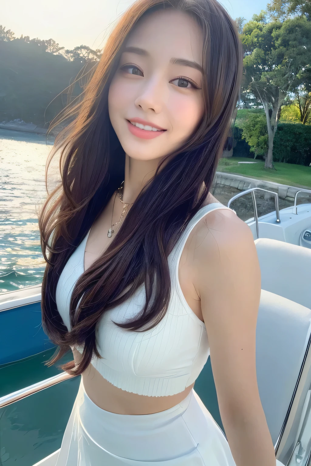 ((highest quality, 8k, masterpiece:1.3)), concentrate:1.2, perfect body beauty:1.4, buttocks:1.2, ((delicate long hair)), (hip wrap skirt:1.1) , (boat, Ocean: 1.3),, Highly detailed face and skin texture, delicate eyes, double eyelid, whitened skin, smile, Wearing a necklace, ring, boatの上で, people々々太陽がpeopleの顔を照らします, big breasts