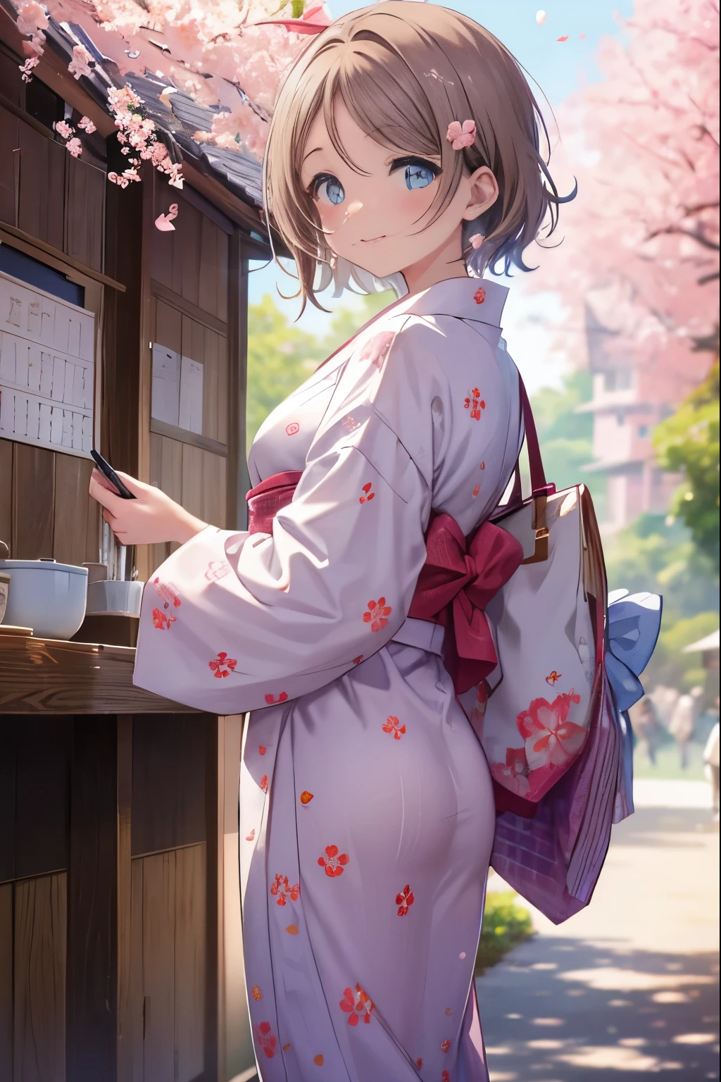 Mr. Watanabe,Mr. Watanabe,brown hair,short hair,blue eyes,blush,Smiling light blue floral pattern yukata,Walking in sandals,Cherry blossoms are scattered,pink scenery, break outdoors, Classroom cherry tree avenue, break (masterpiece:1.2), highest quality, High resolution, unity 8k wallpaper, (shape:0.8), highly detailed face, perfect lighting, Very detailed CG, (perfect hands, perfect anatomy),