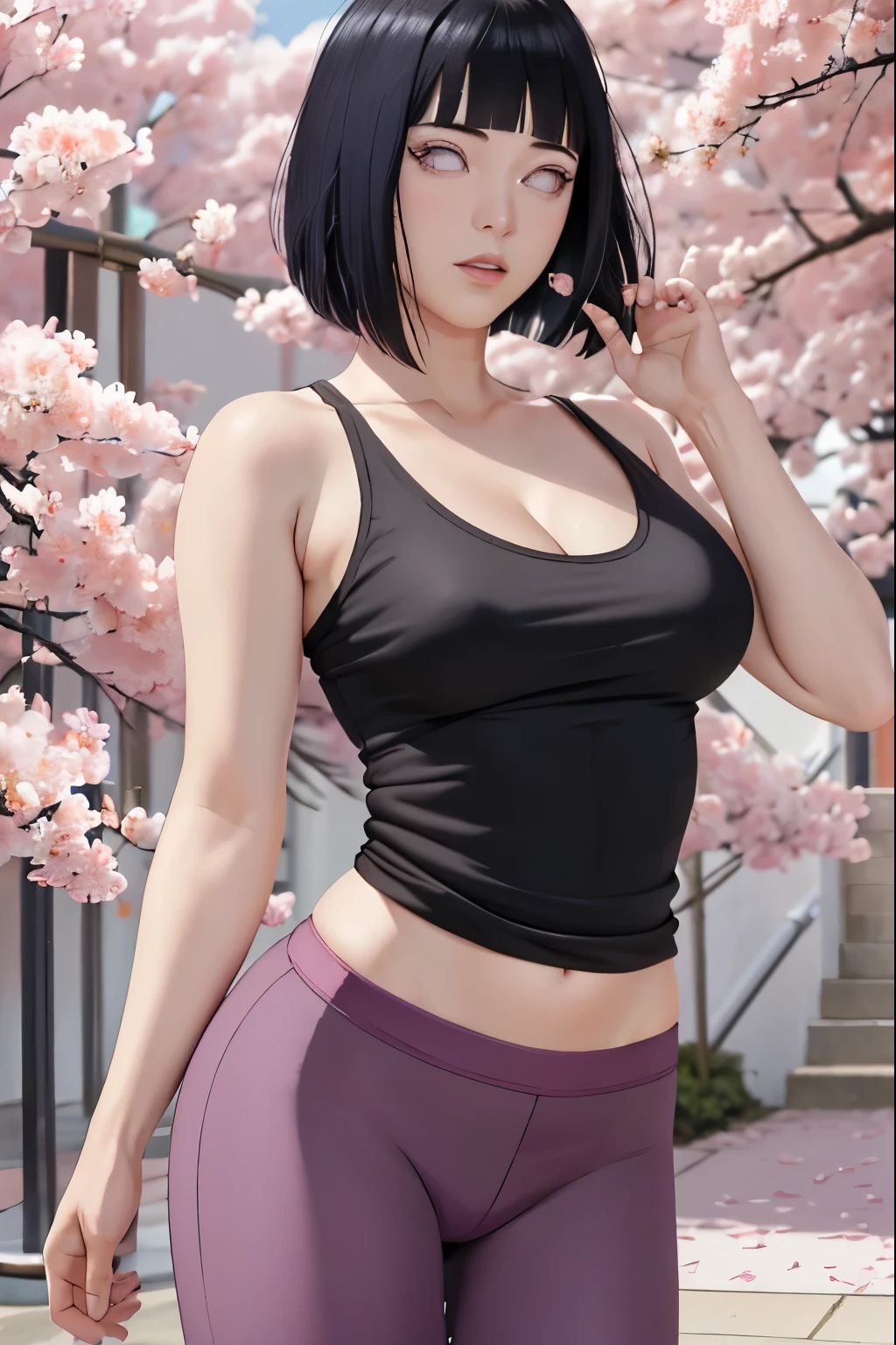 masterpiece, absurdres, hinata\(boruto\), 1girl, solo,mature female, tight t-shirt vneck, cleavage, legging, yoga pants, looking at viewer, (falling petals), perfect composition, detailed lips, voluptuous, beautiful face, body propotion, blush, (pink lips), long hair, purple eyes, soft gaze, super realistic, detailed, photoshoot, realistic face and body,