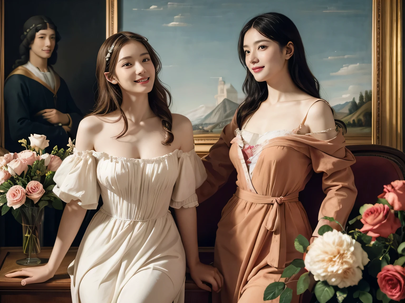 Estilo boho-chic. Una hermosa mujer ayuda a su hermosa hermana a maquillarse. They are in a room with a stunning vintage style vanity. Son mujeres que se visten de una manera moderna muy atractiva.. 2023.