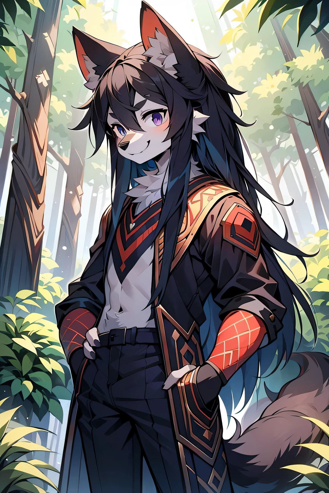 The male wolf is 180 cm tall,blue-purple eyes, , long black hair, end, The upper body shows off the perfect figure,red and black clothes,With a smile,two small ears,Fair-skinned standing ,in the woods