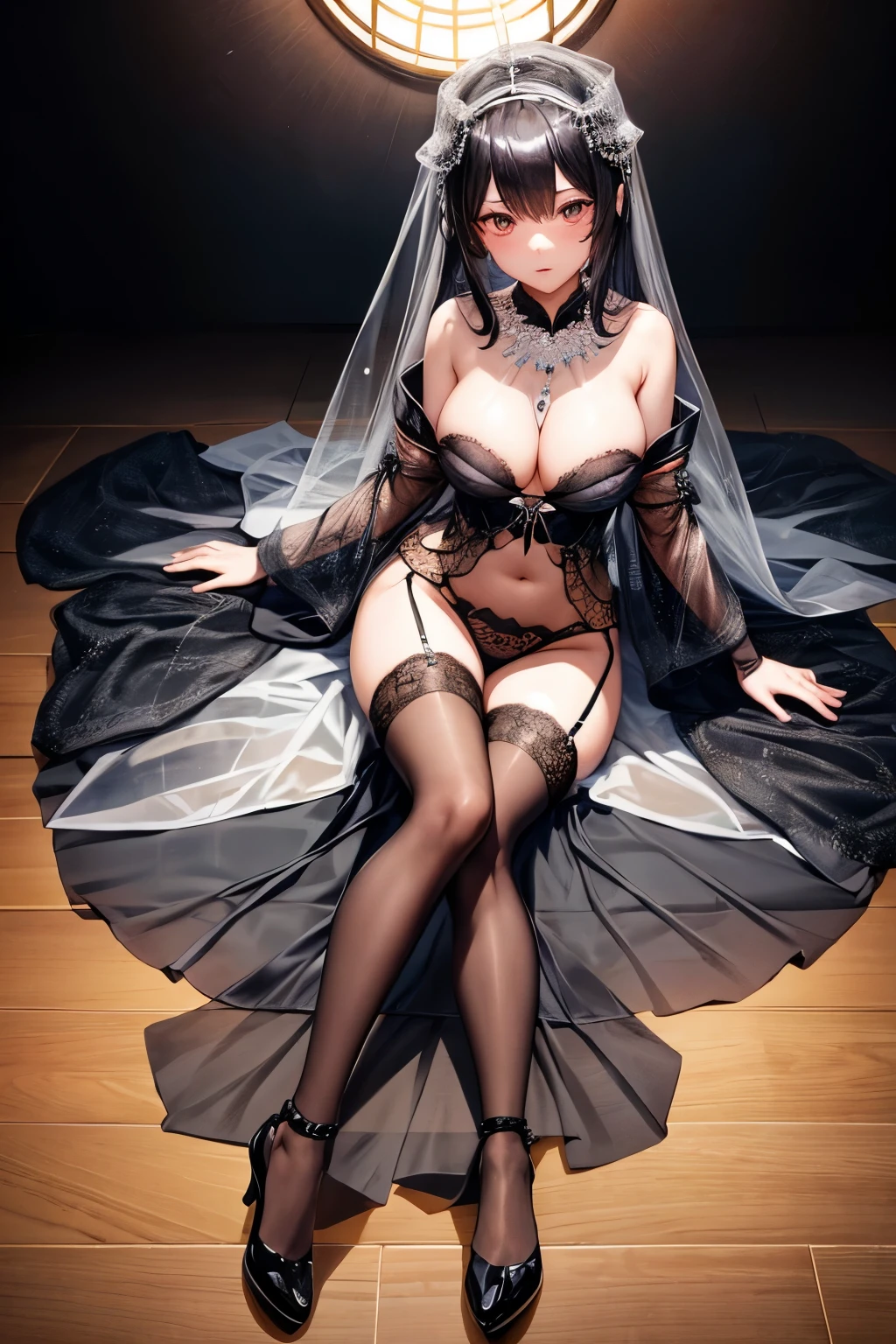 See-through,black face veil , black nylon , silk stockings ,See-throughの袴、transparent black kimono ,sheer lingerie,enamel high heels,pearl necklace,,straight,Lace long gloves, shortcut, hair ornaments, Japanese style room ,legs crossed