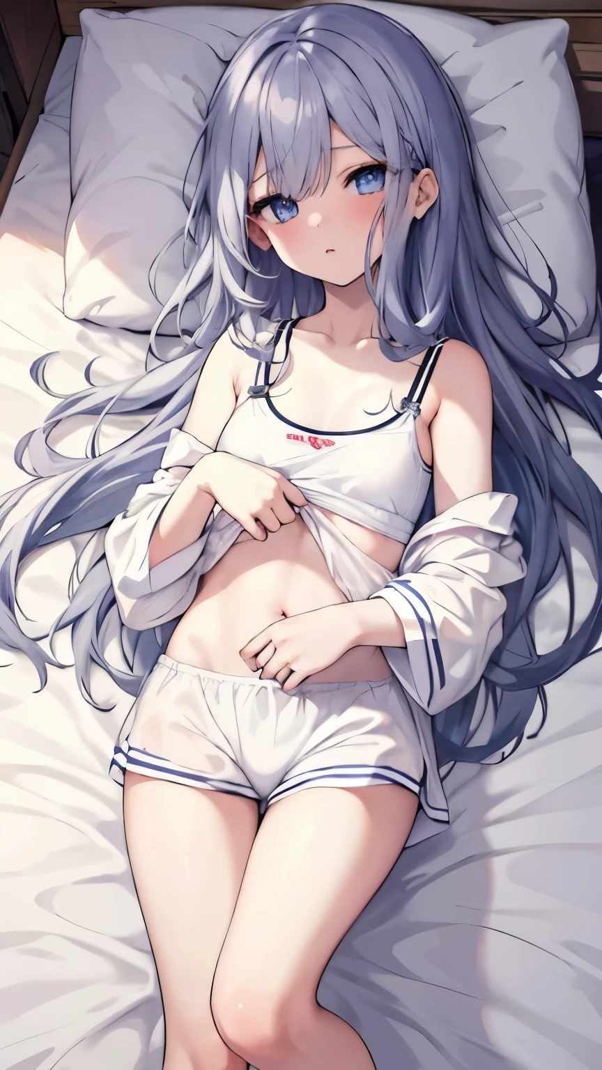 1 girl,Highest image quality,alone,gray hair,like snow white,blue eyes, white skin,Sleepiness,long hair,half sleepy,,wet with water,baby doll,sports bra,On bedding,On your back,lie down,tits,,small,Mokomoko pajamas