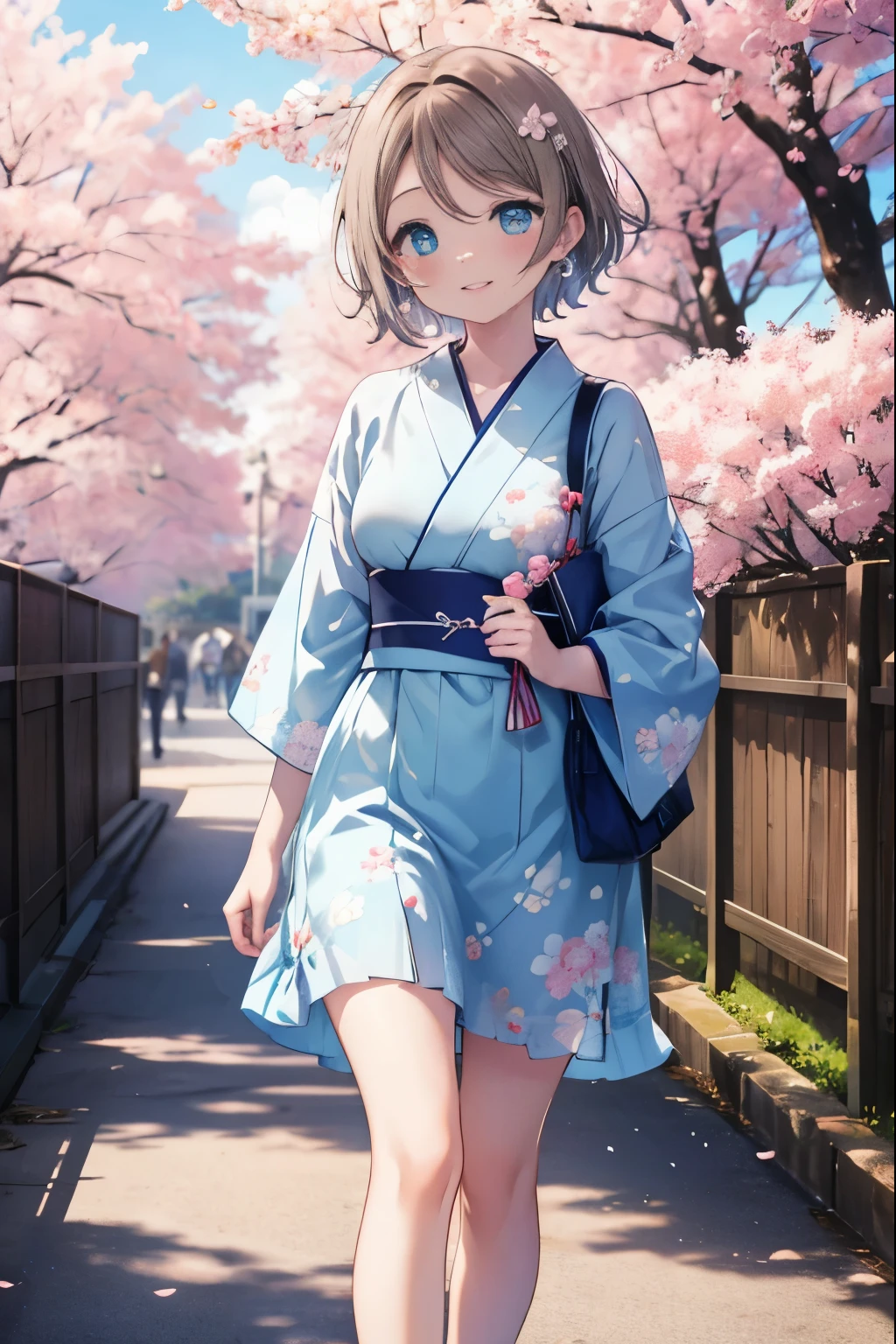 Mr. Watanabe,Mr. Watanabe,brown hair,short hair,blue eyes,blush,medium chest,smile,ship anchor earrings,light blue floral pattern yukata,Zori sandals,walking,Cherry blossoms are scattered,pink scenery, break outdoors, Cherry blossom tree-lined path, break (masterpiece:1.2), highest quality, High resolution, unity 8k wallpaper, (shape:0.8), highly detailed face, perfect lighting, Very detailed CG, (perfect hands, perfect anatomy),
