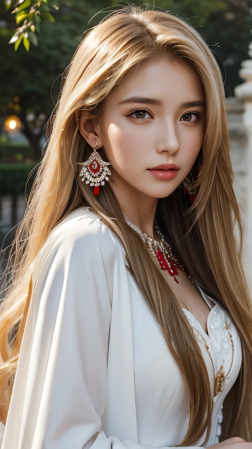 Blonde long-haired woman, black eye, royalty, white dress, red jewelry, red earrings, moon, Noble, lady, high quality, very detailed, detailed face, masterpiece, city, garden, flowers, light,