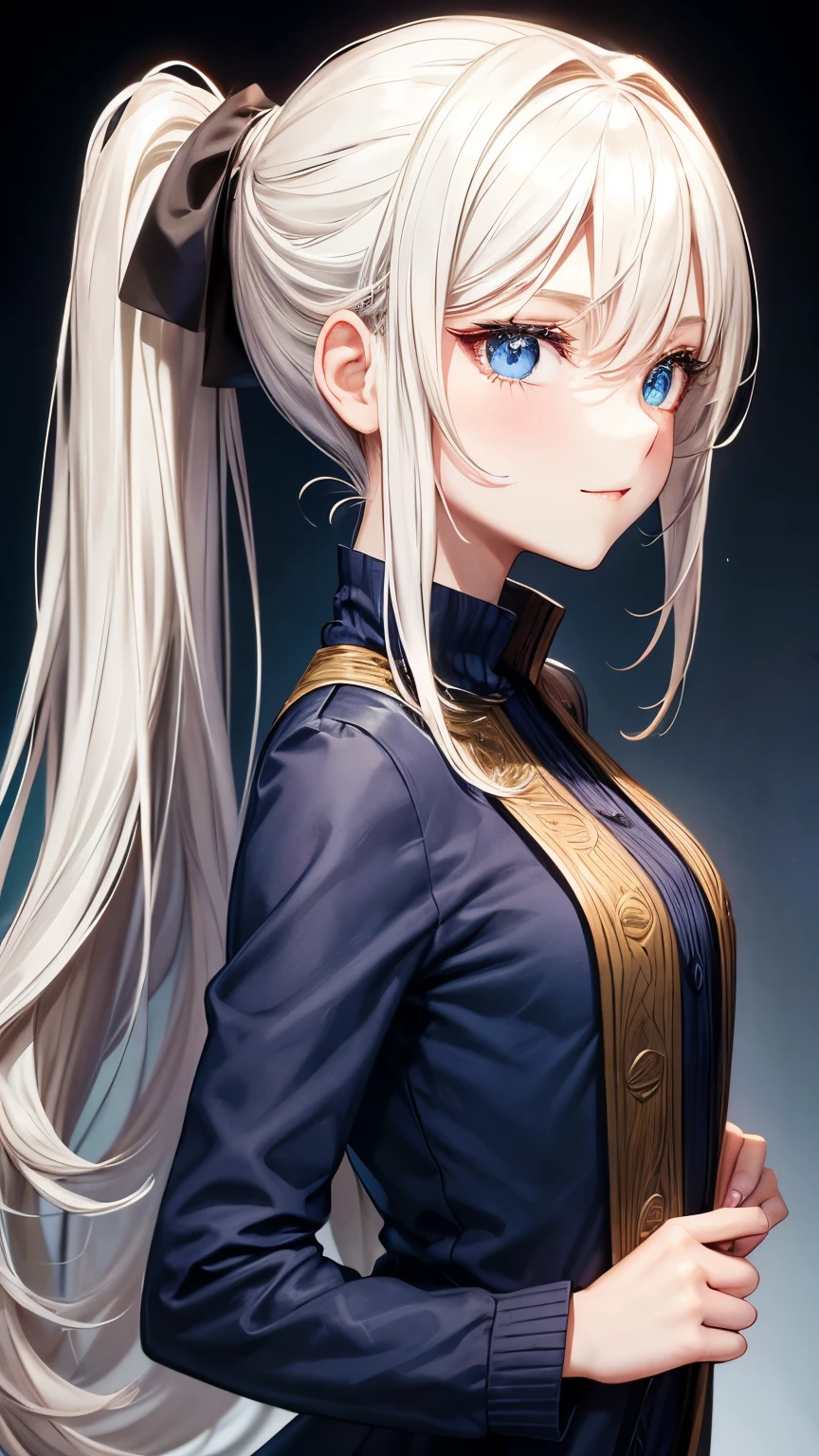 27 years old Ukrainian tidy lady ((small breast, very slender)), blonde ponytail((middle hair)), (( shaggy long forelock, various colors highlights )),BREAK, maxi length jacket ((indigo, deep red, jet-black )), high neck shirt, tidy and eloquent face, looking back pose, seductive and beautiful smile, big droopy eyes (( shiny blue eye, shiny pale yellow eye, heterochromia)), eyelashes, blush , small mole under left eye, BREAK, tidy and pleasant atmosphere,((face focus)), gazing forward