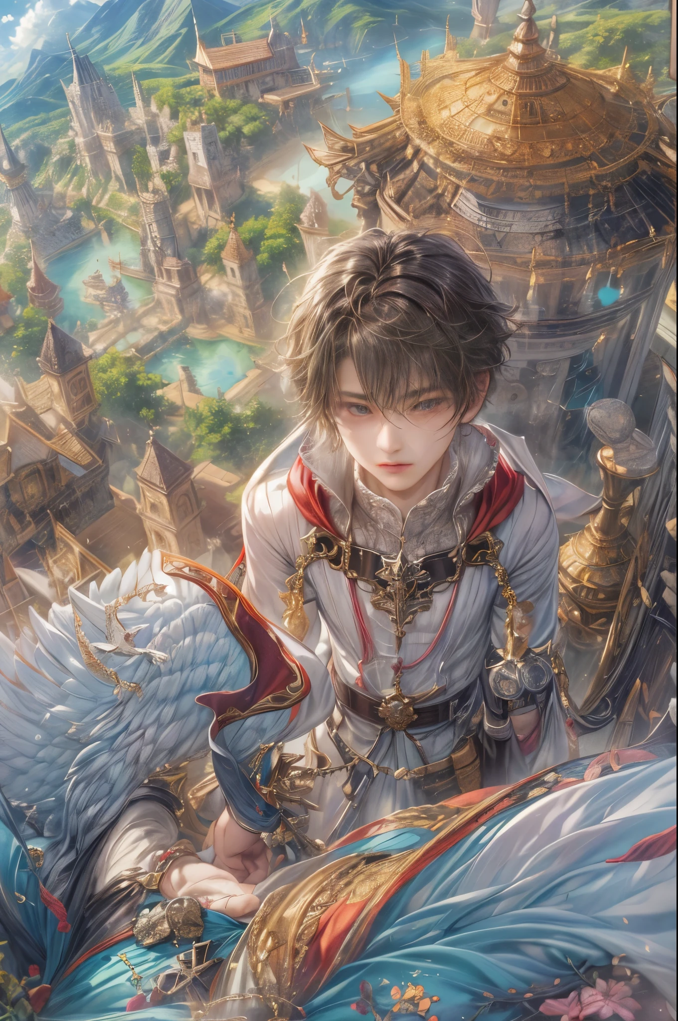 (absurdres, highres, ultra detailed, HDR), masterpiece, Intricate details,best quality picture of a character from Final Fantasy Brave, handsome  boy with short Hair anime eyes, intricate details on face, brave look, in a detailed outside paradise sanctuary scenery, detailed character, art kenouji