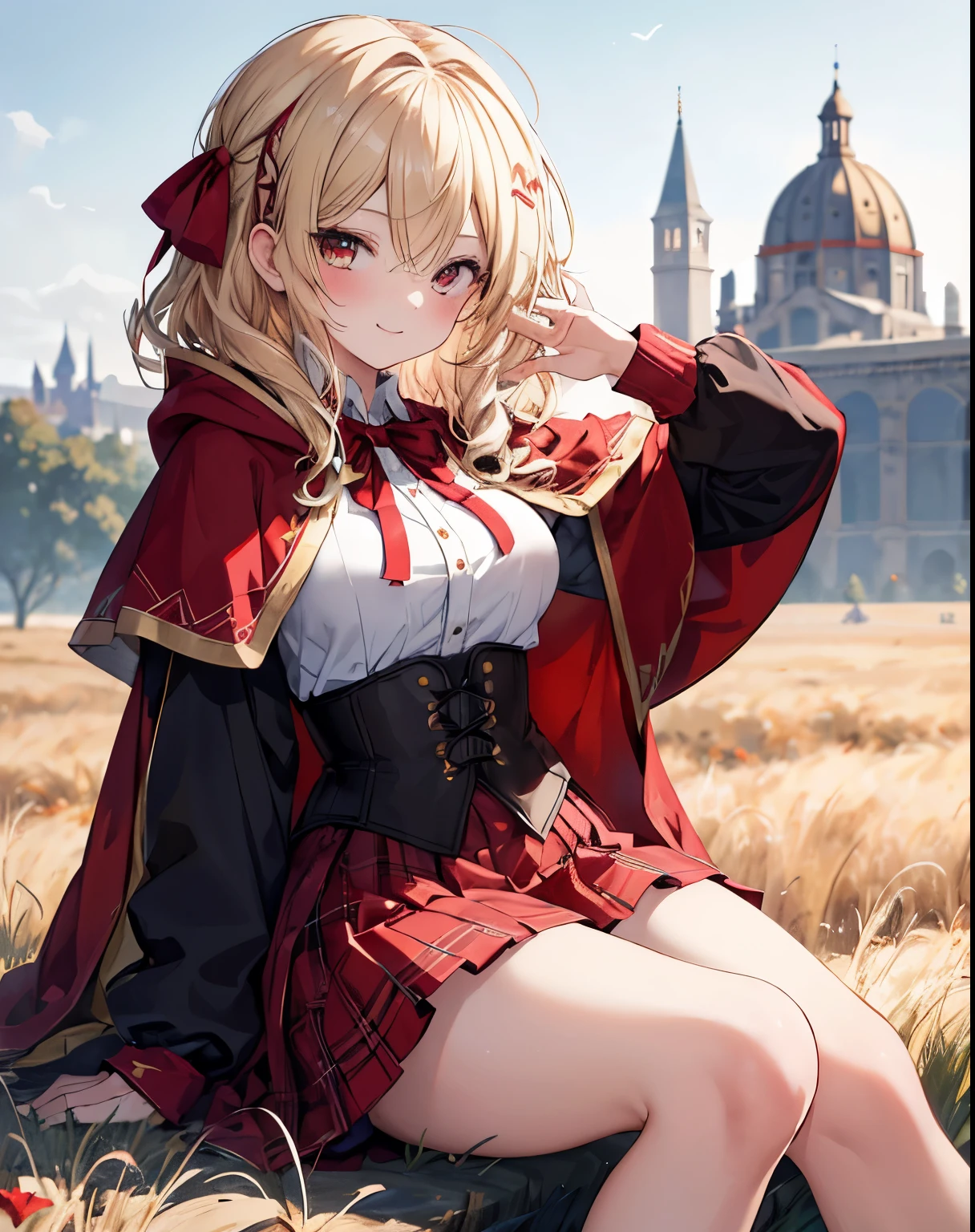 masterpiece,1girl, sparrow, a blonde haired girl, wearing a medieval european villager clothes, curly medium hair, messy hair, red skirt, short red capelet with furry hoody, slim body, medium breasts, she close her left eye, shirt ornament, ppai, hair ribbon, seductive smile, beautiful breasts, rounded breasts, crimson eyes, pleated skirt, plaid skirt, she is the red hood girl, she sit in the wheat field