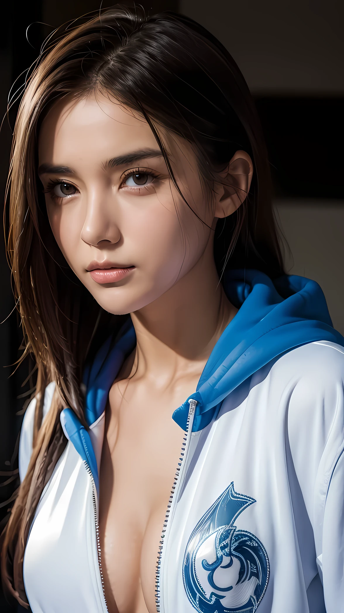 Look at the camera with a calm expression, she is wearing a blue hooded biker jacket, Exposing the bottom of a white T-shirt with a unique print, in another scene, Her surreal details shine under global lighting. In her face-to-face camera shot、With shining eyeechanical limbs revealed with intricately connected blood vessels and tubes。, her breasts and nipples