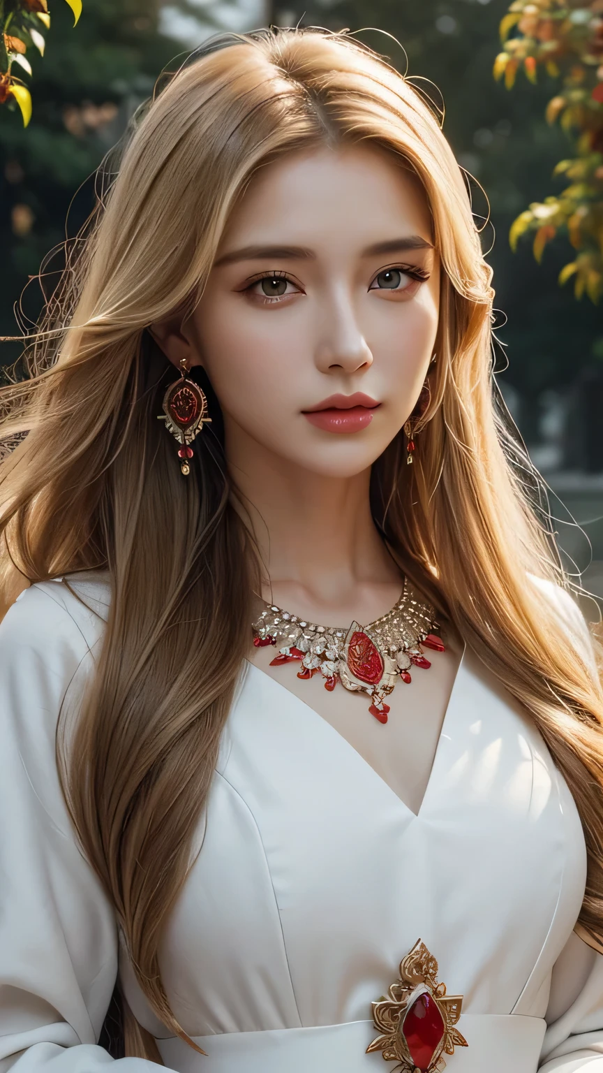 Blonde long-haired woman, black eye, royalty, white dress, red jewelry, red earrings, moon, Noble, lady, high quality, very detailed, detailed face, masterpiece, city, garden, flowers, light,