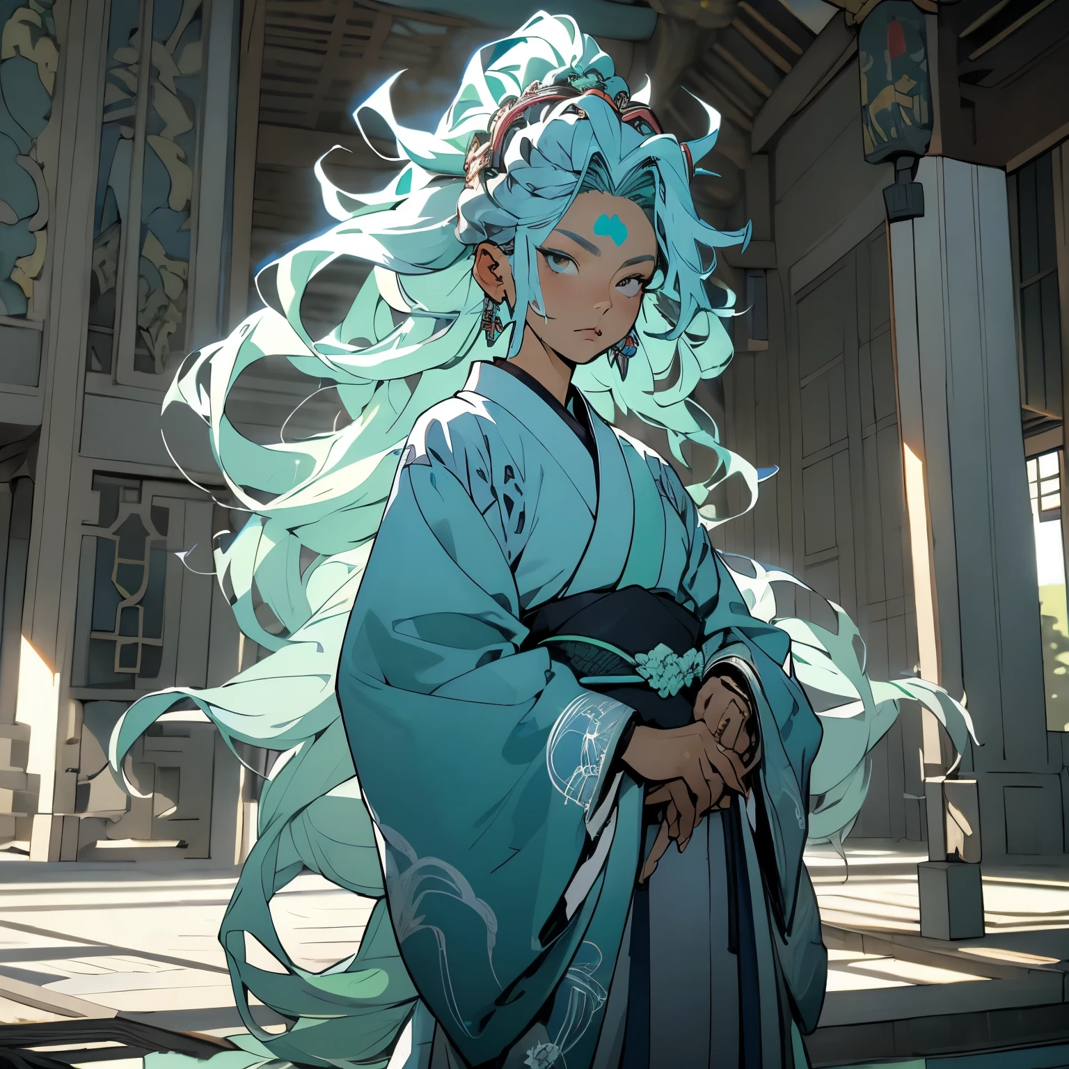 feudal japan empress, dressed in gray and blue robes, tan skin, long hair, light teal hair, softly curly hair, light green hair, white hair, turquoise hair, green eyes, (adult), palace in the background