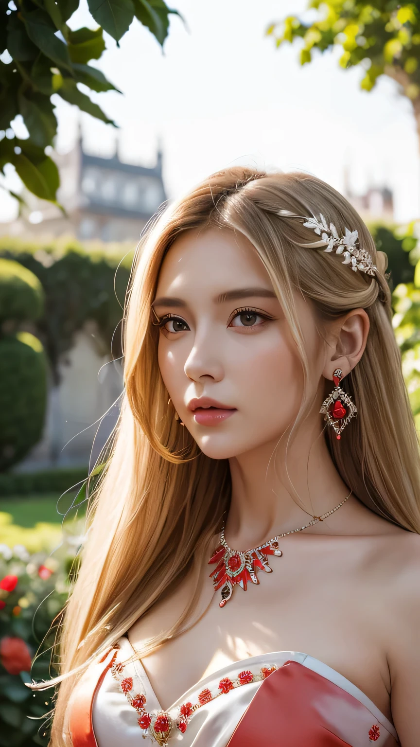 Blonde long-haired woman, black eye, royalty, white dress, red jewelry, red earrings, moon, Noble, lady, high quality, very detailed, detailed face, masterpiece, city, garden, flowers, light,