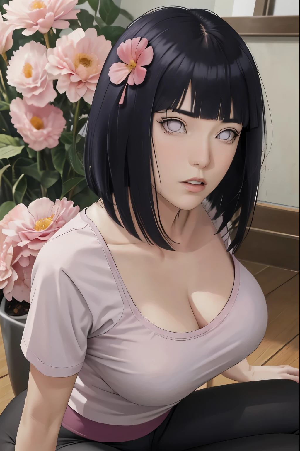 masterpiece, absurdres, hinata\(boruto\), 1girl, solo,mature female, tight t-shirt vneck, cleavage, legging, yoga pants, looking at viewer, (falling petals), perfect composition, detailed lips, big breast, beautiful face, body propotion, blush, (pink lips), long hair,  purple eyes,  soft gaze,  super realistic, detailed, photoshoot, realistic face and body,