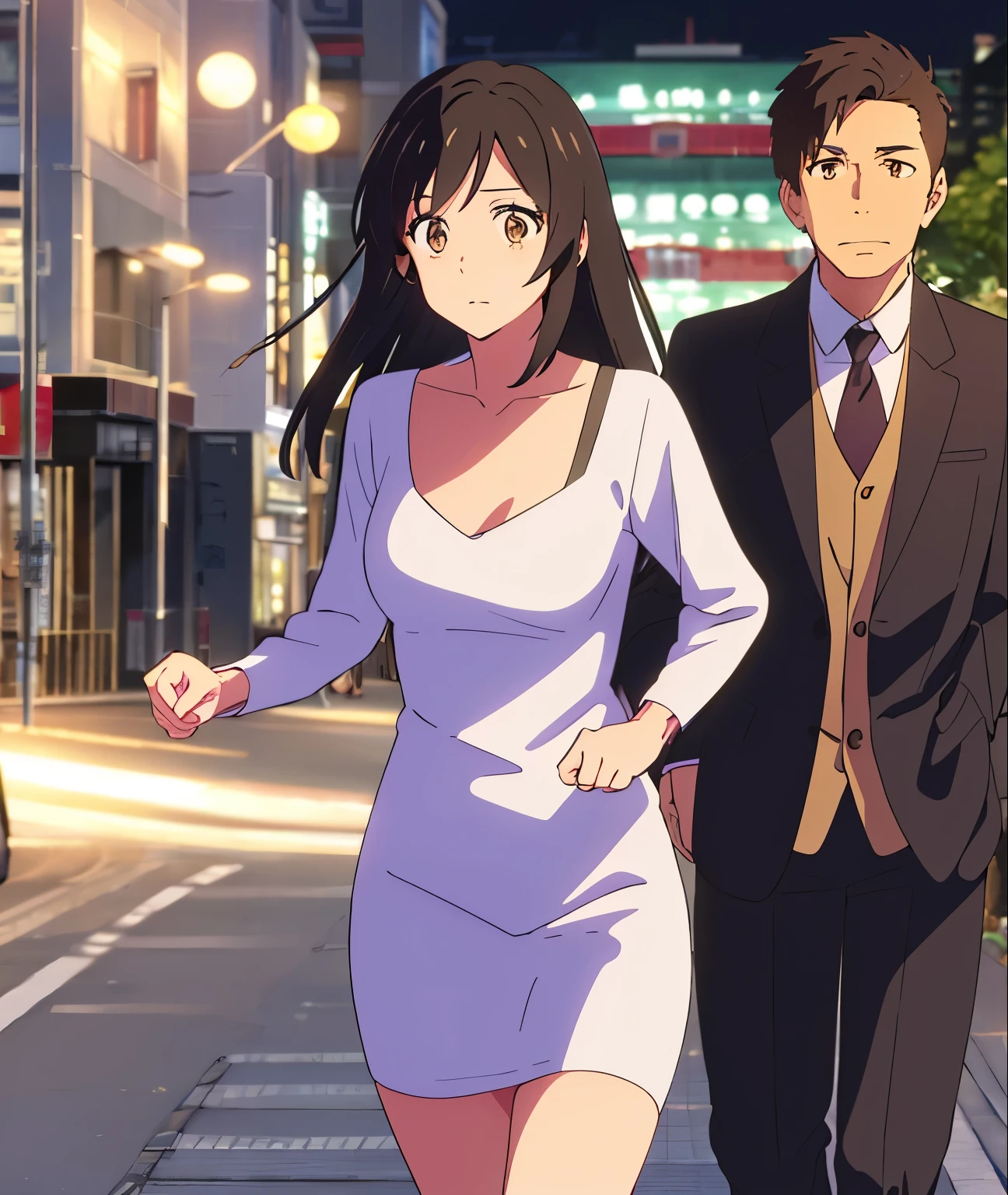 Female, running away, panic, twisted half up long hair, brown eyes, white dress, brown jacket, nice hips, perfect hands, high quality, masterpiece,mitsuha miyamizu, black hair, (brown eyes:1.5), mature woman, tokyo, city, street, chased by boy with wrinkles, night