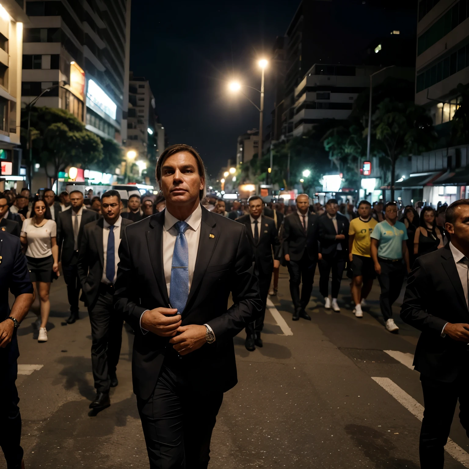 President Jair Bolsonaro wearing a black suit walking along Avenida Paulista with a crowd of people dressed in Brazilian national team shirts 