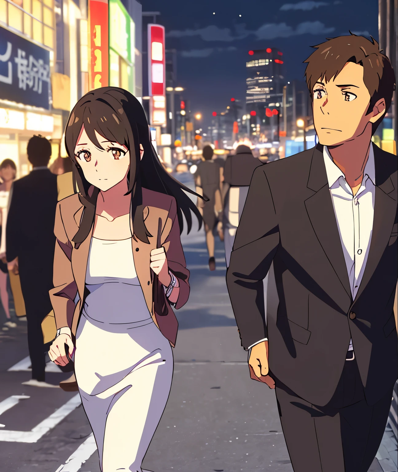 Female, running away, panic, twisted half up long hair, brown eyes, white dress, brown jacket, nice hips, perfect hands, high quality, masterpiece,mitsuha miyamizu, black hair, (brown eyes:1.5), mature woman, tokyo, city, street, chased by boy with wrinkles, night