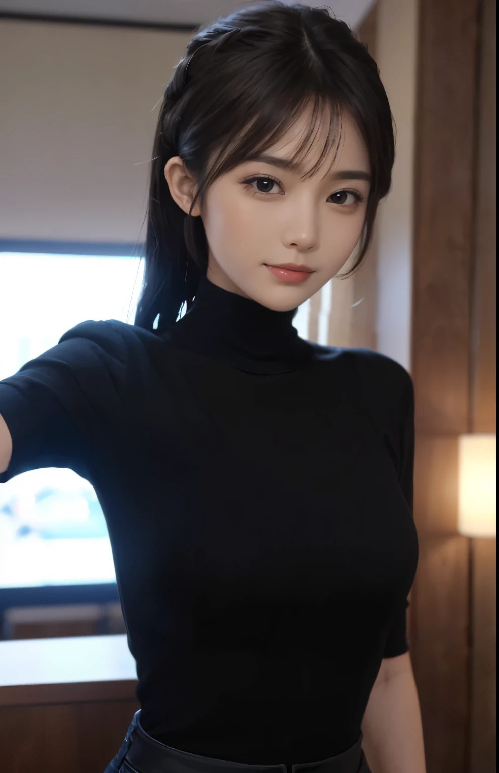 masterpiece, 1 beautiful girl, detailed, swollen eyes, highest quality, 超High resolution, (reality: 1.4), original photo, 1 girl, movie lighting, smile, Japan, asian beauty, Korean, neat, so beautiful, a little young face, beautiful skin, thin, cyberpunk background, (超reality的な), (figure), (High resolution), (8k), (very detaileded), (best figure), ( beautiful and detaileded eyes), (super detailed), (wallpaper), (detaileded face), looking at the viewer, fine detaileds, detaileded face, deep shadow, modest, Pure  face ace_v1, smile, 46 point diagonal bangs, look straight ahead, neat clothes, black eyes, mouth is open