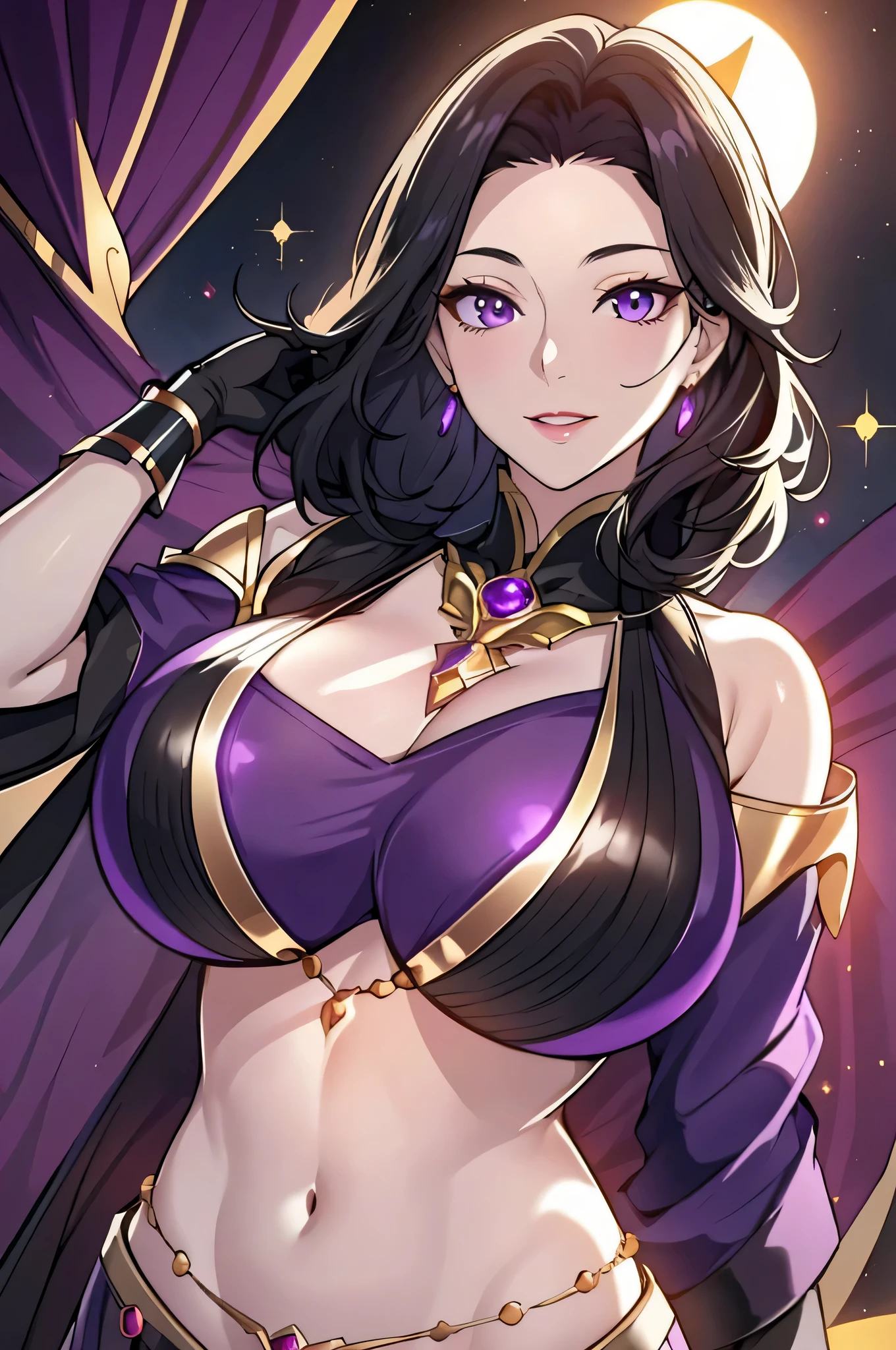 Lian, long black hair, hair stick, bangs, violet eyes, solo, smiling, standing, upper body, hips, bare shoulders,purple thighhighs,violet dress, gold jewelry,armor,gloves,circlet, , red and gold royal castle, gigantic breasts,quality, masterpiece, beautiful and aesthetic:1.2, highest detailed face, perfect face,)  eyes, perfect face,expressive eyes,
looking at viewer, in the center of the image,(Upper_body),(Focus on her face),
official art,extremely detailed CG unity 8k wallpaper, perfect lighting,Colorful, Bright_Front_face_Lighting,shiny skin, 
(masterpiece:1.0),(best_quality:1.0), ultra high res,4K,ultra-detailed
