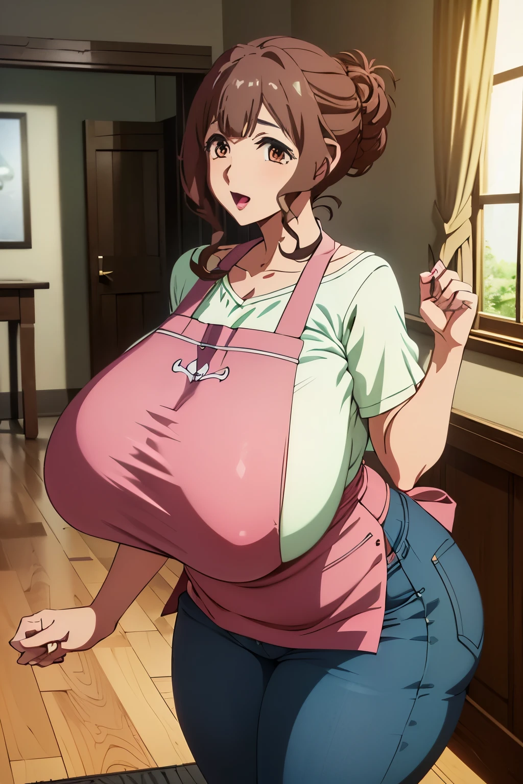 from above,high quality、high resolution、masterpiece、anime,Anime style,(torino_kazami,mature female,(gigantic breasts:1.4),plump,brown hair,brown eyes,updo,lipsticks,wide hips,thick thights),everyday clothes、pink apron、Light green shirt、Blue jeans,erotic,living room,smie,open mouth
