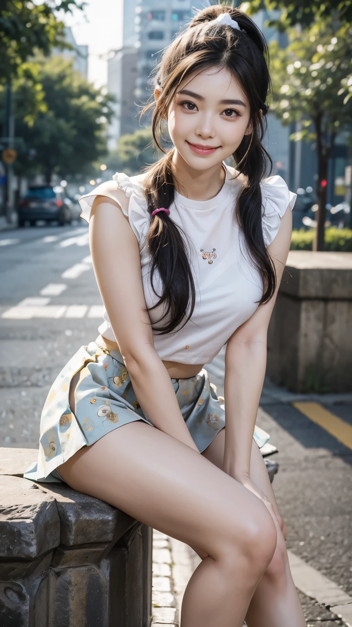 highest quality,super clear resolution,clear eyes,simple face,That's a perfect face,white skin,perfect breasts,with perfect legs,long legs,short black style skirt,random environment,cute 22 year old,1 girl,Narrow face ,(front photo)、((Face with dimples:1.5)),((top ponytail and scrunchie))8k, RAW photo, masterpiece,realistic, photo-realistic,smiling showing white teeth,