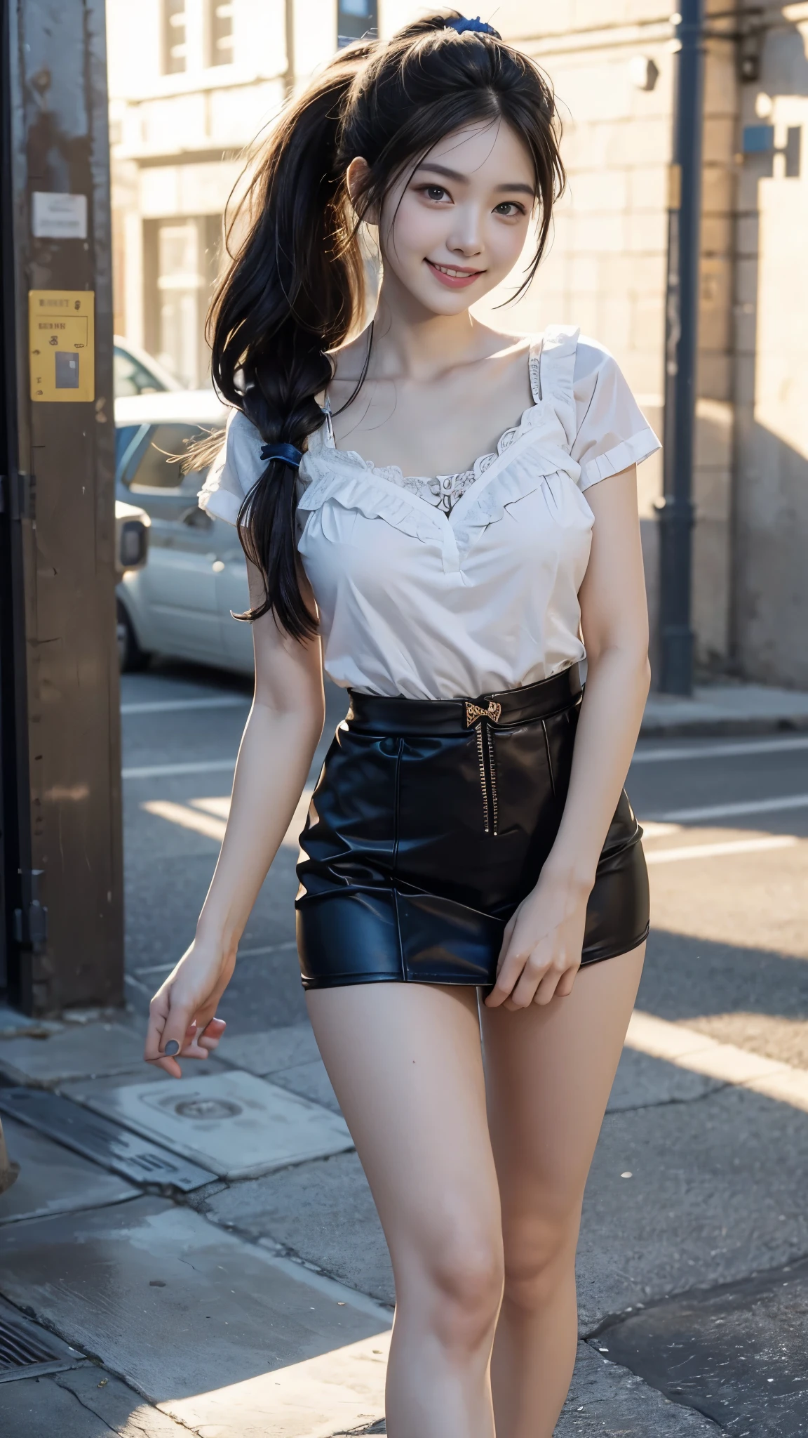 ((masterpiece, high quality, best quality, 8k, wallpaper, fine lineart, highly detailed, absurdres)), 1girl, korean popstar, thighhighs, miniskirt, high heels, mesh top, long black hair, pretty hands, cameltoe, curly hair,