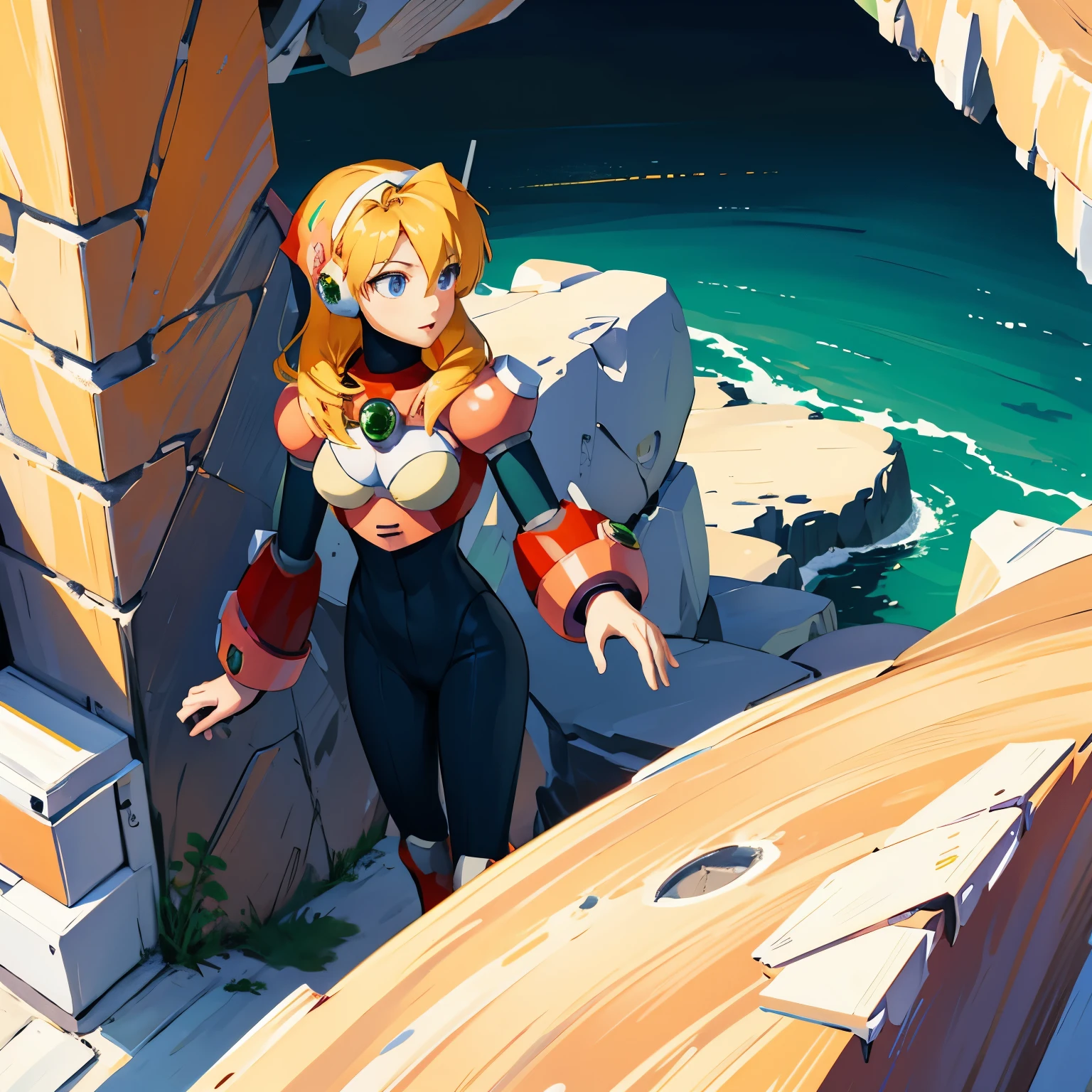 alia_megamanx, 1girl, solo, breasts, blue eyes, blonde hair, android, long hair, robot ears, overlooking the ocean on the edge of a rock, in the style of avian-themed, realistic yet stylized, villagecore, azure, orange and azure, dragoncore, aerial view