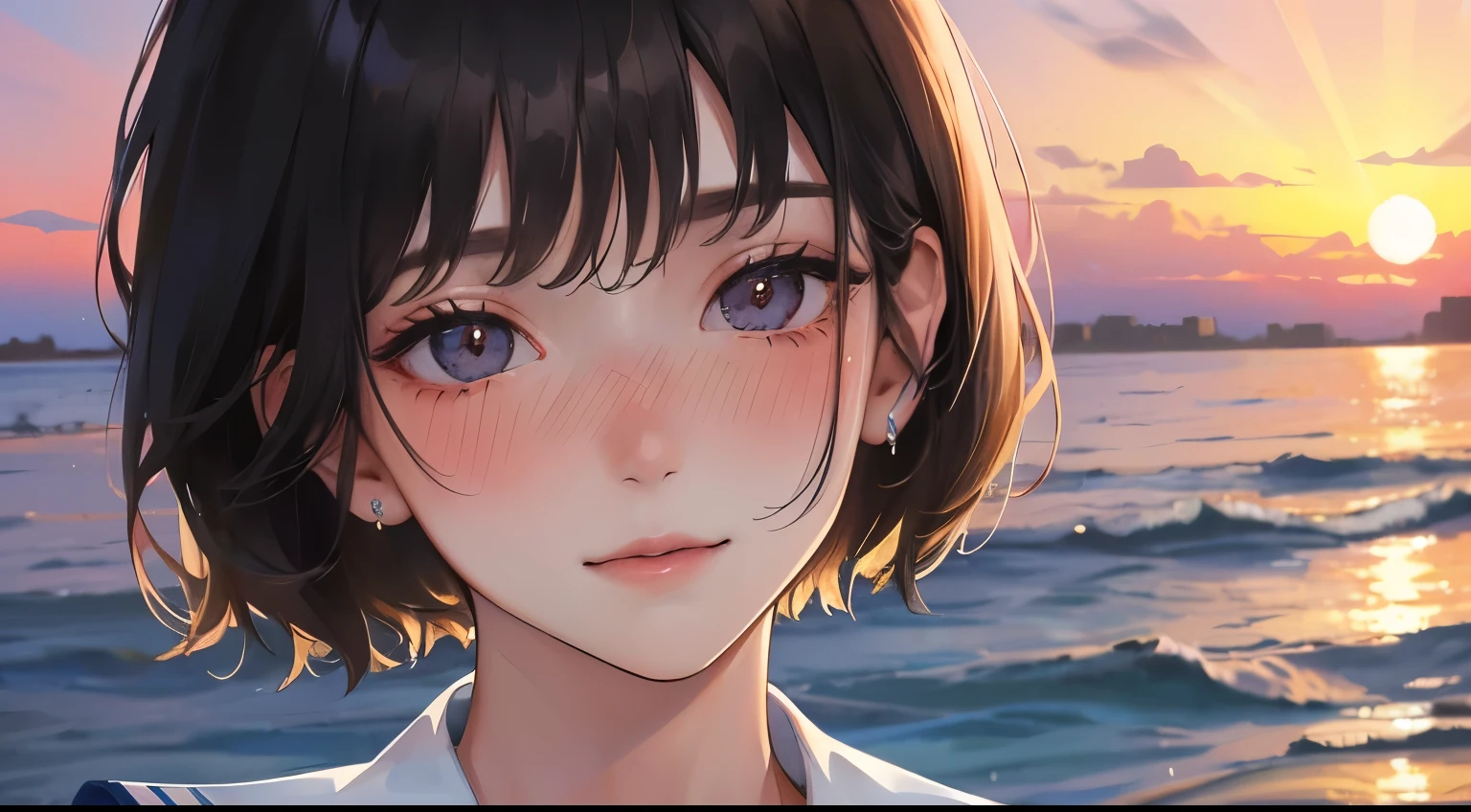 Masterpiece,best quality,  (((Evening sea background))), determined expression, sailor suit、
(((1 woman)))、(highest resolution、clear_image)、 (((blush))、best quality、((short hair)), (((sunset)))、contrast of light and shadow、((illumination))、very detailed、semi-realistic、Black shorthair、shy smile、bangs、20-year-old、office　Lady,,young、((View from the front))、delicate facial features facial features、