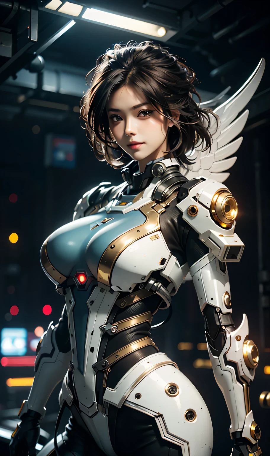 16k, masterpiece,(best quality),highly-detailed,ultra-detailed,1girl, big breast, breast window,(mechanical wings),(cyberpunkcity:1.5,weapon:energy blade),(fantasylandscape:1.2, natural lighting:1.5, confident expression),(panorama:1.2), archer pose, mecha, smile, angle,Angels, wings, gold,raw