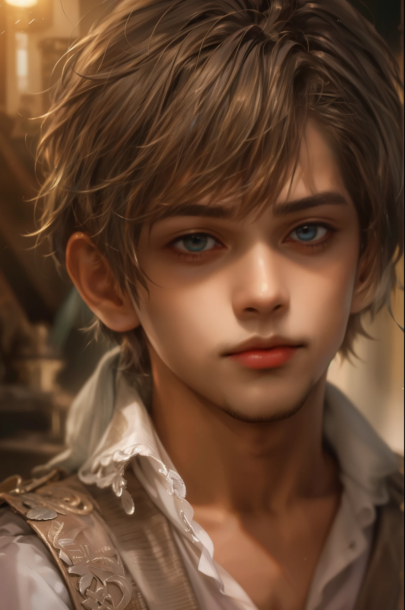 (absurdres, highres, ultra detailed, HDR), masterpiece, best quality, pirates of the Caribbean character, handsome young boy, short hair, handsome face, anime eyes, detailed interior, detailed character