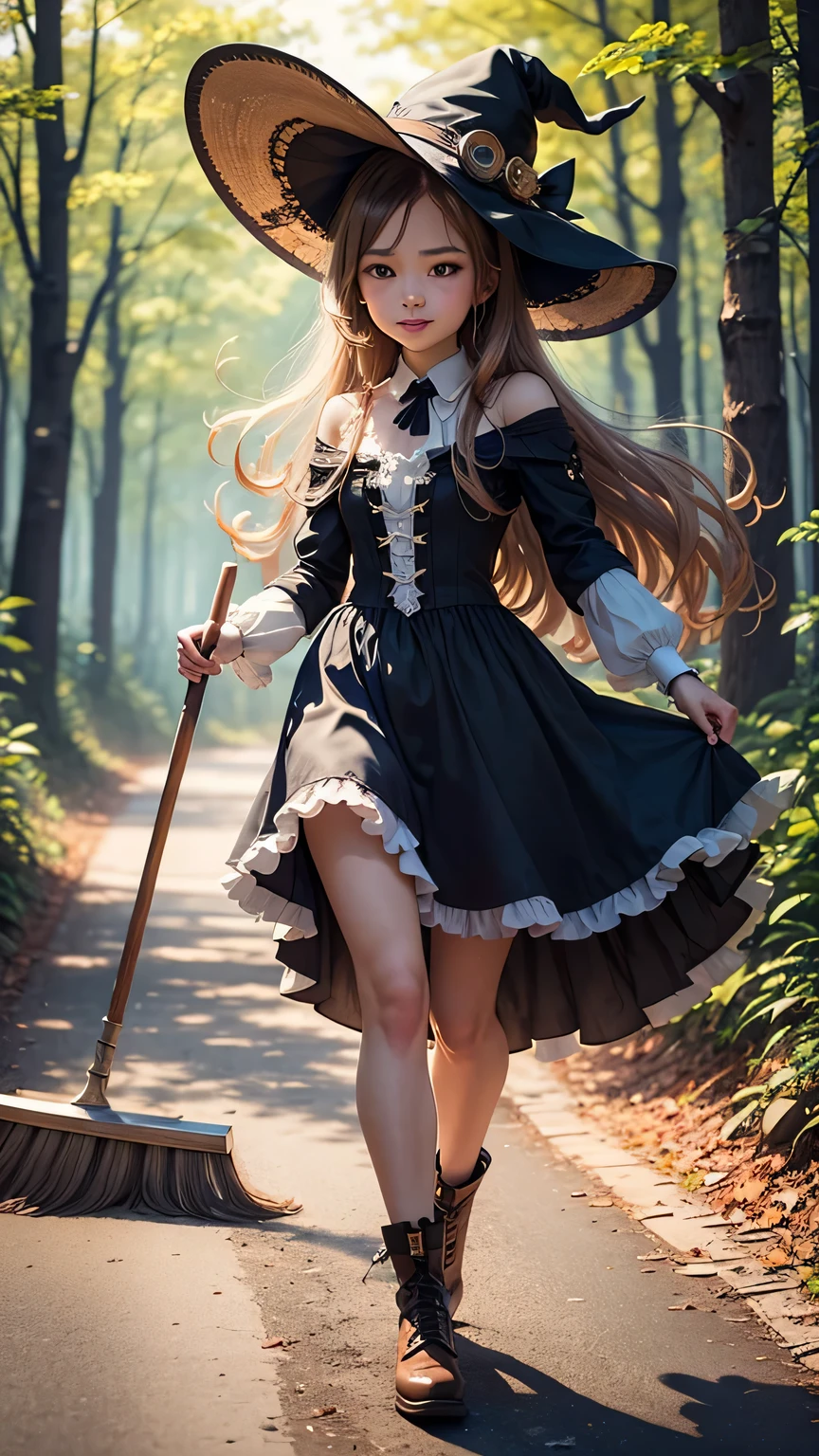 steampunkai。highest quality。masterpiece。detailed details。one girl。little cute girl。steampunk witch。witch hat。witch's clothes。long light brown fluffy hair。smile。carry a big broom。Running on the road。The background is a forest with bright light shining through.。