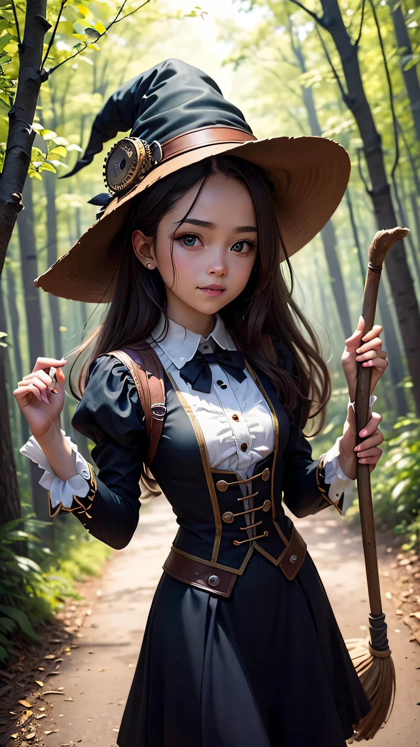 steampunkai。highest quality。masterpiece。detailed details。one girl。little cute girl。steampunk witch。witch hat。witch's clothes。long light brown fluffy hair。smile。carry a big broom。Running on the road。The background is a forest with bright light shining through.。