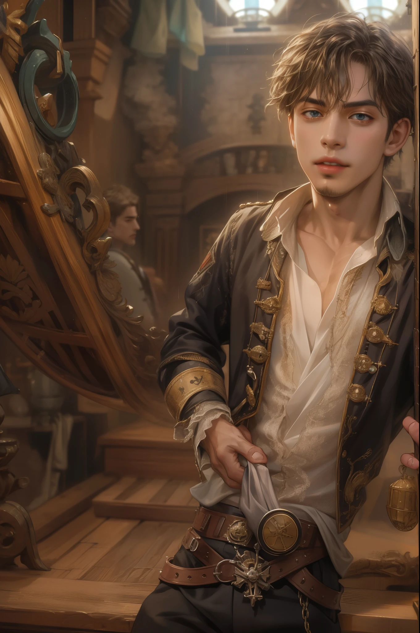 (absurdres, highres, ultra detailed, HDR), masterpiece, best quality, pirates of the Caribbean character, handsome young boy, short hair, handsome face, anime eyes, detailed interior, detailed character
