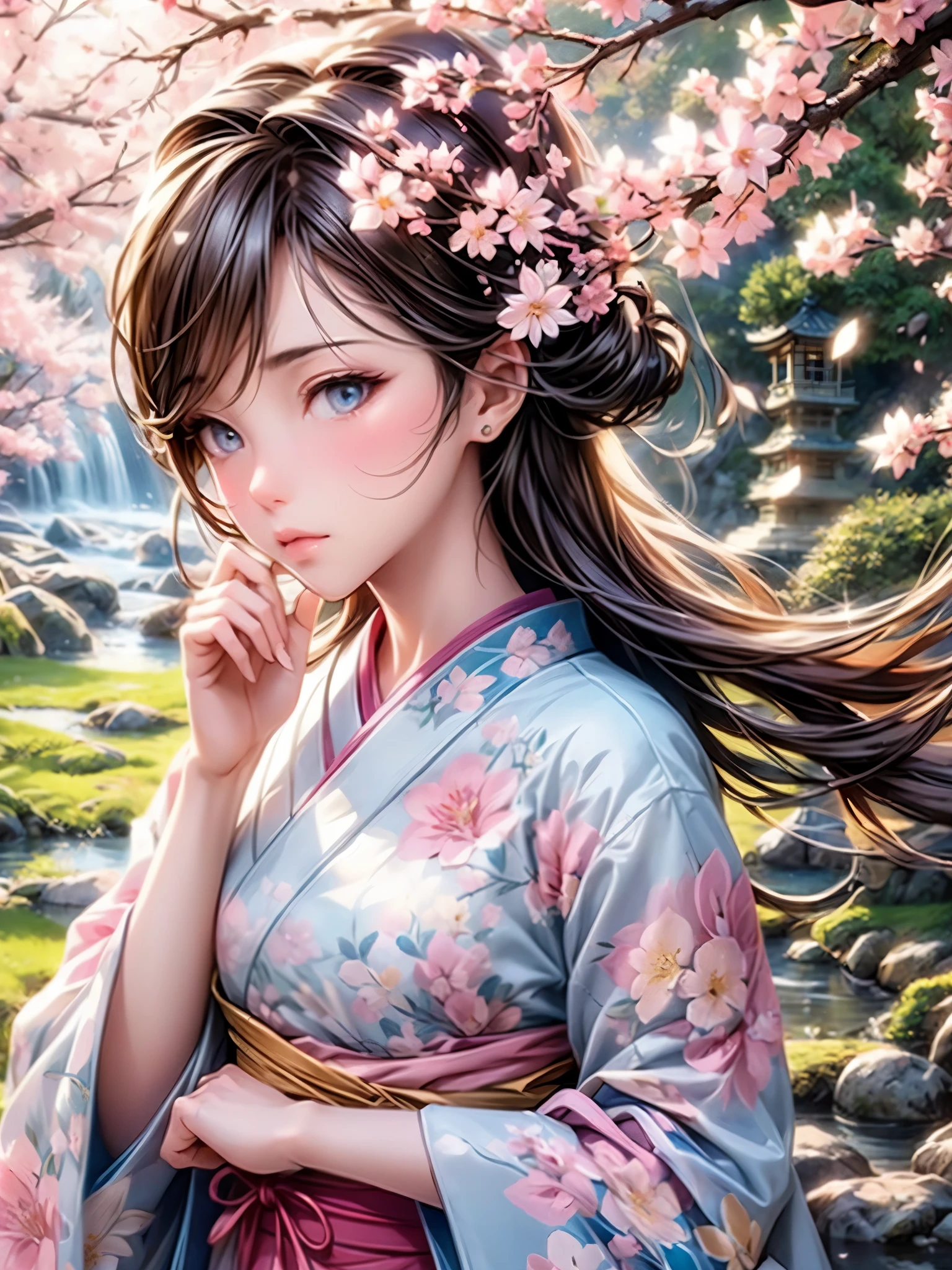 (best quality,ultra-detailed,realistic:1.37),traditional Japanese painting,Kimono,gentle breeze,soft pastel color palette,sunshine filtering through the branches,delicate cherry blossoms unfolding in the sky,falling petals,serene expression,peaceful garden,beautiful tranquility,zen-like atmosphere,whispering leaves,touch of pink and white,ethereal beauty,harmony between nature and human,delicate brush strokes,fleeting moment,calmness and serenity,graceful posture of the girl,subtle shades,traditional Japanese garden,pure and innocent gaze,silence and stillness,seasonal beauty,timeless charm.