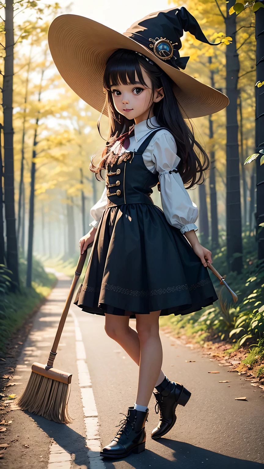 steampunkai。highest quality。masterpiece。detailed details。one girl。little cute girl。steampunk witch。witch hat。witch&#39;s clothes。long light brown fluffy hair。smile。carry a big broom。Running on the road。The background is a forest with bright light shining through.。