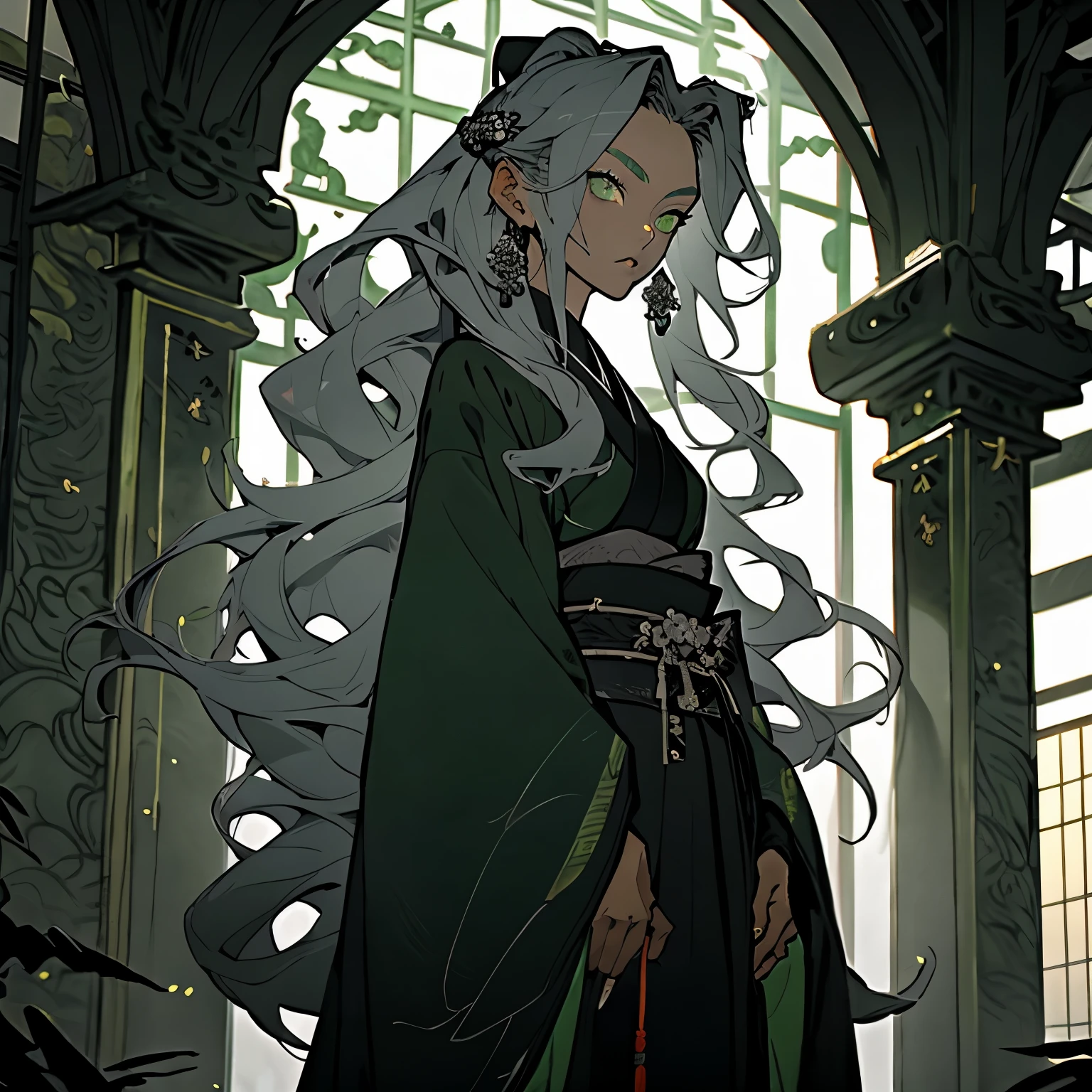 feudal japan empress, dressed in black and green robes, tan skin, long hair, light hair, softly curly hair, light gray hair, silver hair, green eyes, (adult), palace in the background