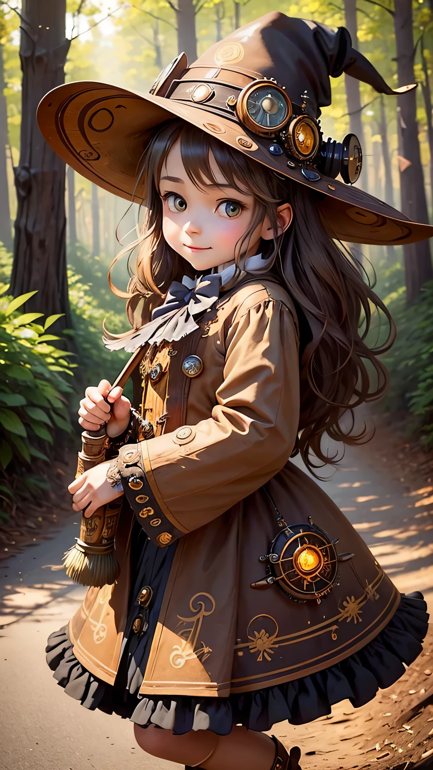 steampunkai。highest quality。masterpiece。detailed details。one girl。 cute girl。steampunk witch。witch hat。witch&#39;s clothes。long light brown fluffy hair。smile。carry a big broom。Running on the road。The background is a forest with bright light shining through.。