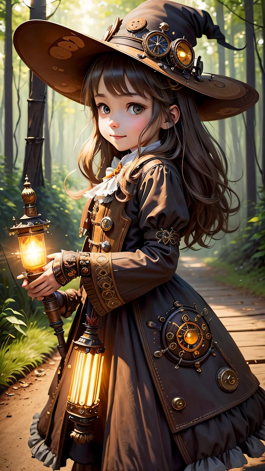 steampunkai。highest quality。masterpiece。detailed details。one girl。 cute girl。steampunk witch。witch hat。witch's clothes。long light brown fluffy hair。smile。carry a big broom。Running on the road。The background is a forest with bright light shining through.。