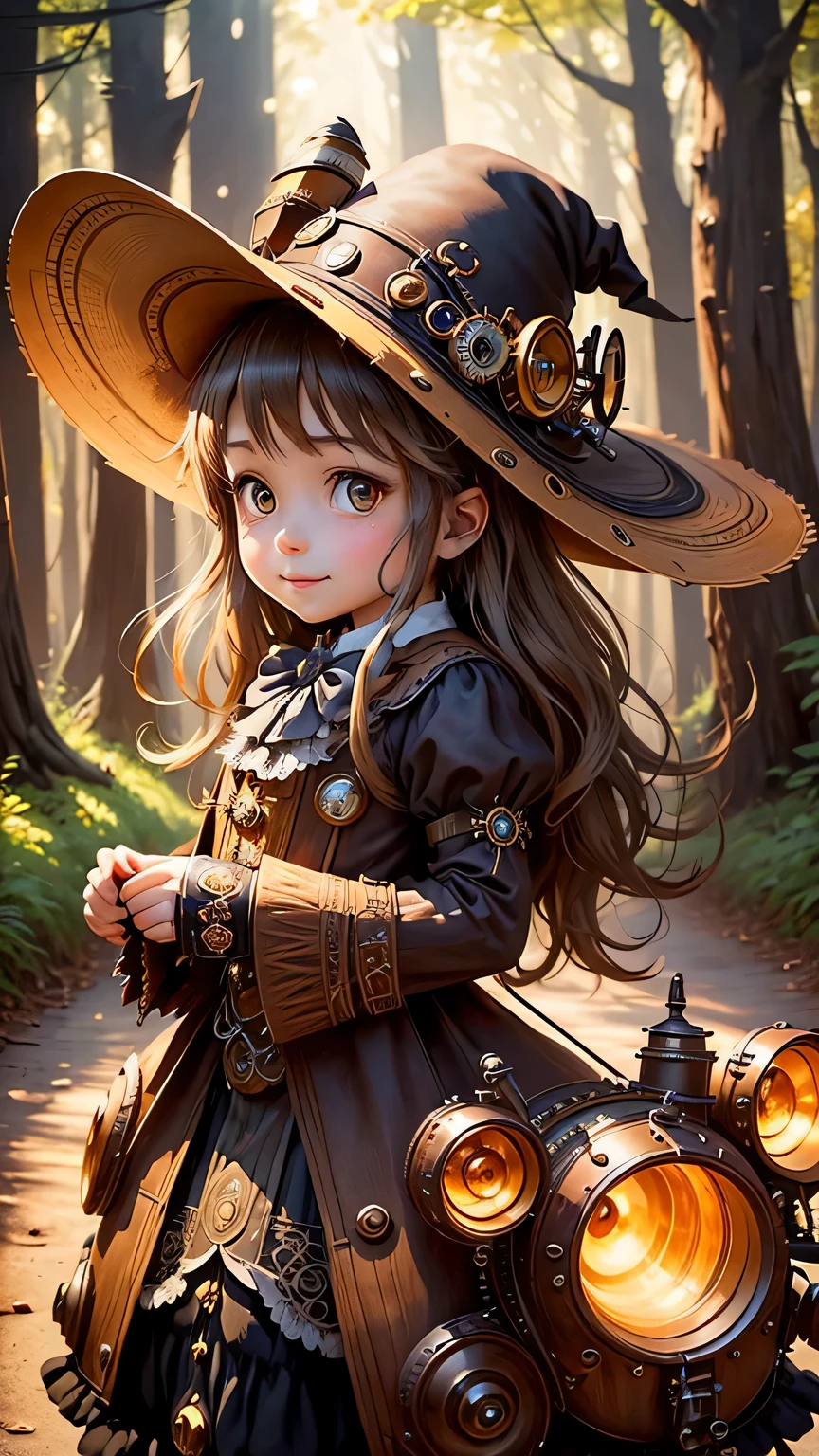 steampunkai。highest quality。masterpiece。detailed details。one girl。little cute girl。steampunk witch。witch hat。witch's clothes。long light brown fluffy hair。smile。carry a big broom。Running on the road。The background is a forest with bright light shining through.。