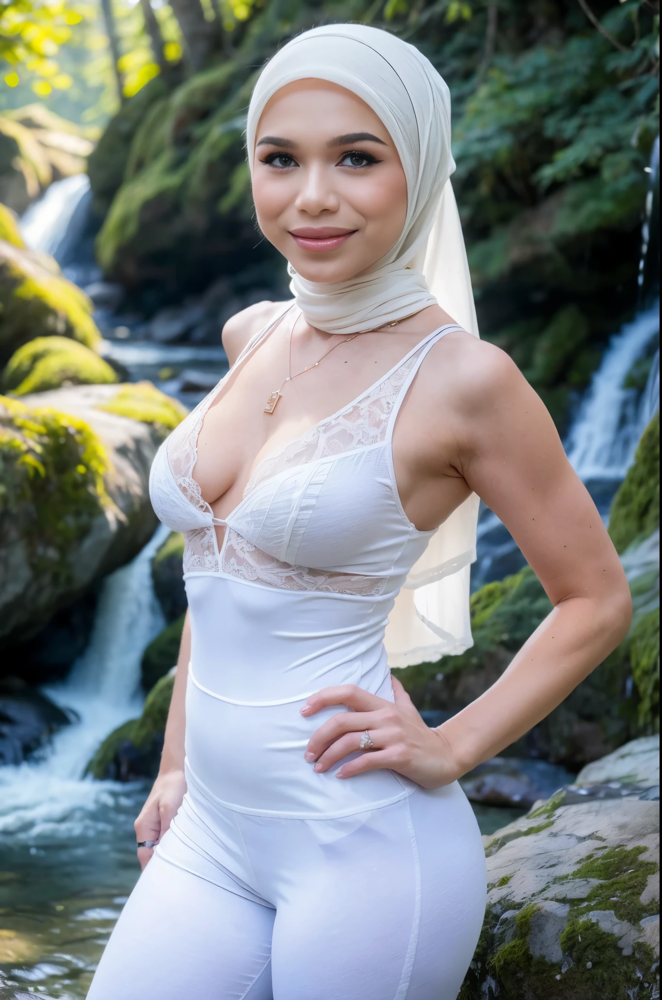 RAW, Best quality, high resolution, masterpiece: 1.4), beautiful malysia woman in hijab, 25 years old.Masterpiece, perfect slim fit body, (medium breast gorgeous eyes, Soft smile, wear a light white lace singlet and very tight light white legging. necklace, shairband, freestyle pose, morning view at waterfall. forest. Excellent lighting, Bright colors, Clean lines