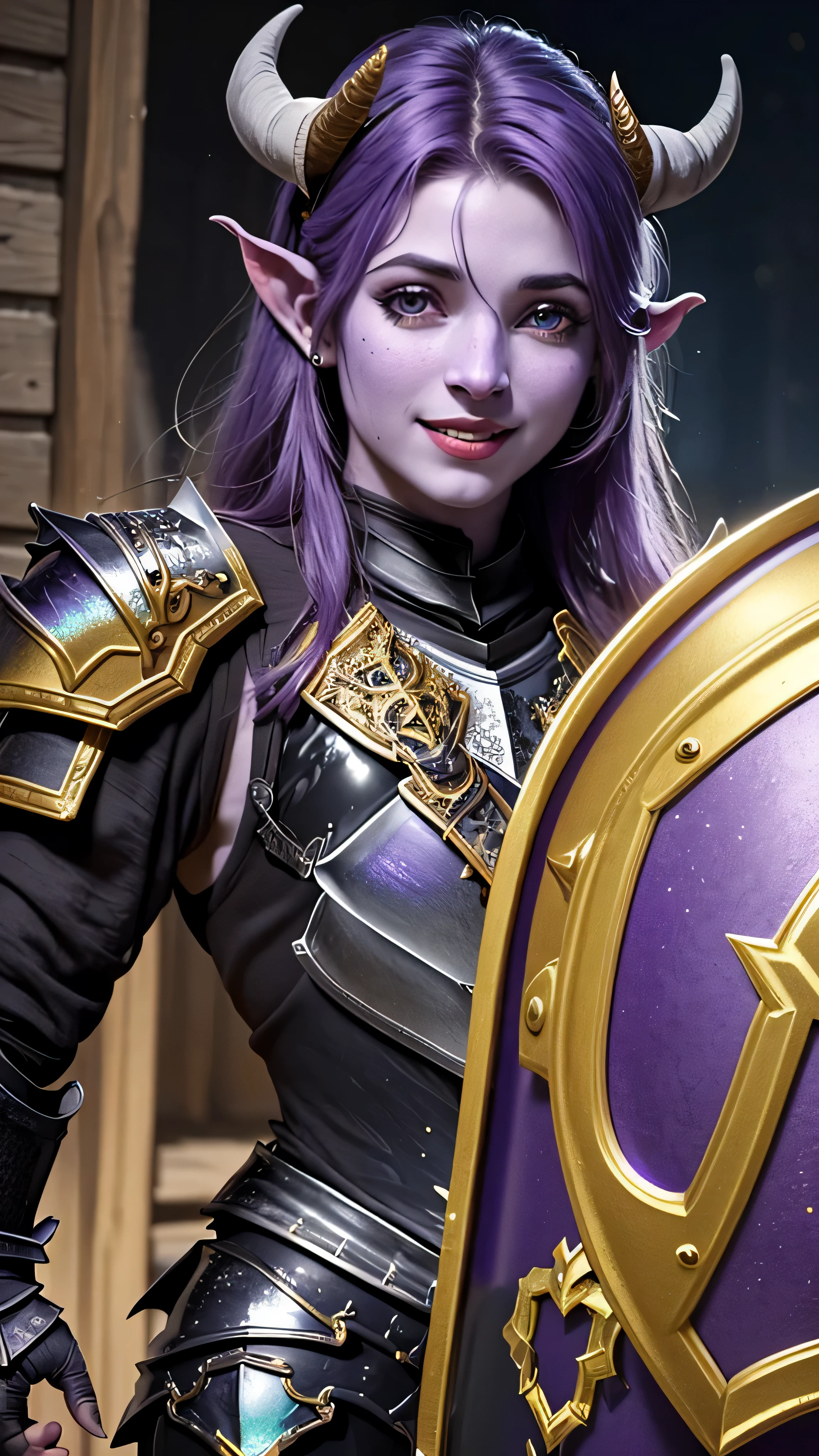((best quality: 1.5)) ((masterpiece: 0.8)), intricate details, sharp focus, professional, real life, realistic representation of the face, dynamic action pose, in the style of realistic and hyper detailed renderings BREAK (((((muscular (purple skin draenei girl), glossy (black horns), lacquered black paladin (armor:1.8), gold filigree, iridescent chrome shield, smiling)), gold eye, purple eye, red lips, long hair, [dark hair:blonde hair:0.6])))), freckles: 1.0), photorealistic, hyper-realistic, 8K