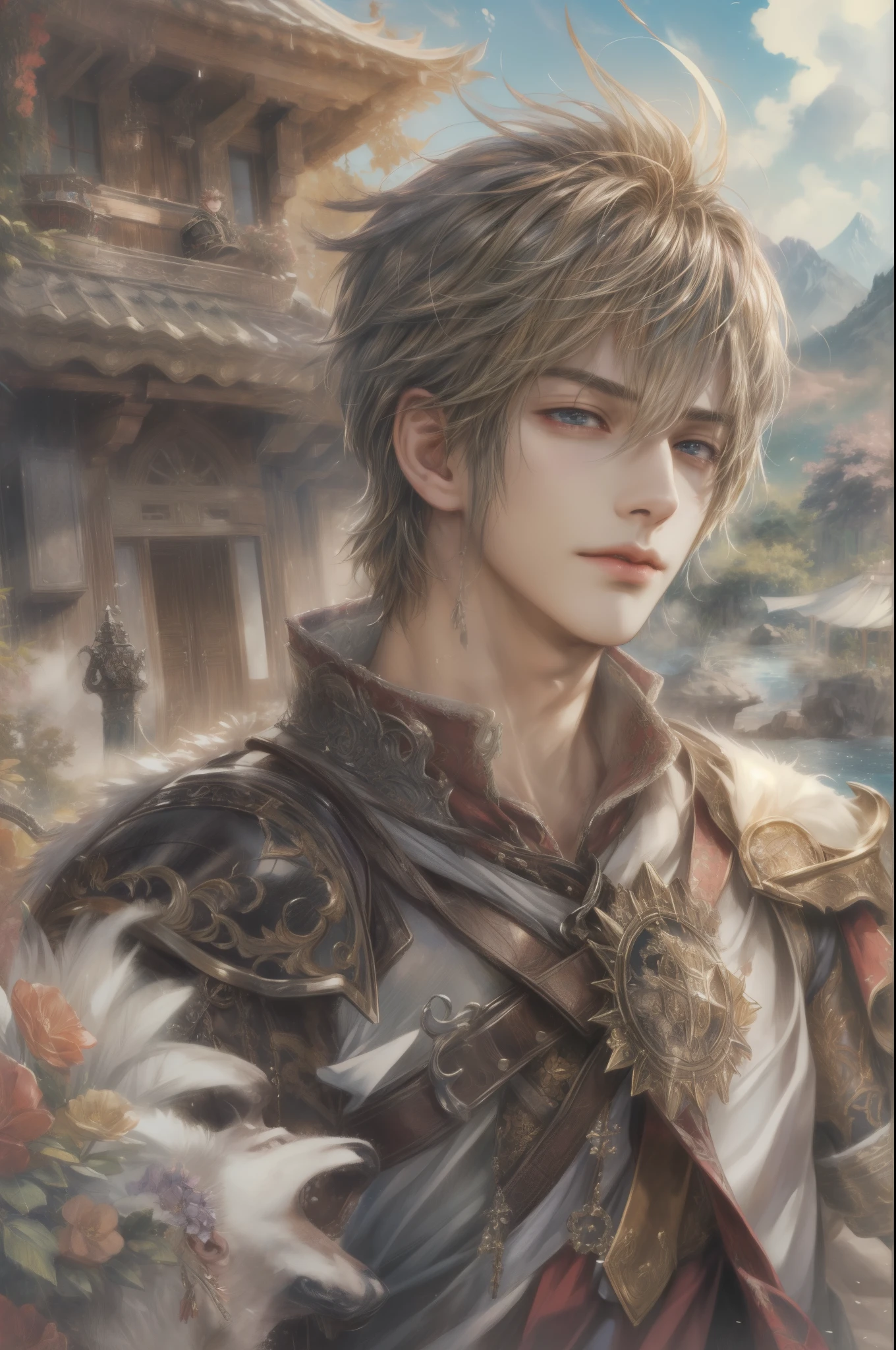 (absurdres, highres, ultra detailed, HDR), masterpiece, Intricate details,best quality picture of a character from Final Fantasy Brave, manly face handsome  boy with short Hair anime eyes, intricate details on face, brave look, in a detailed outside paradise sanctuary scenery, detailed character, art kenouji
