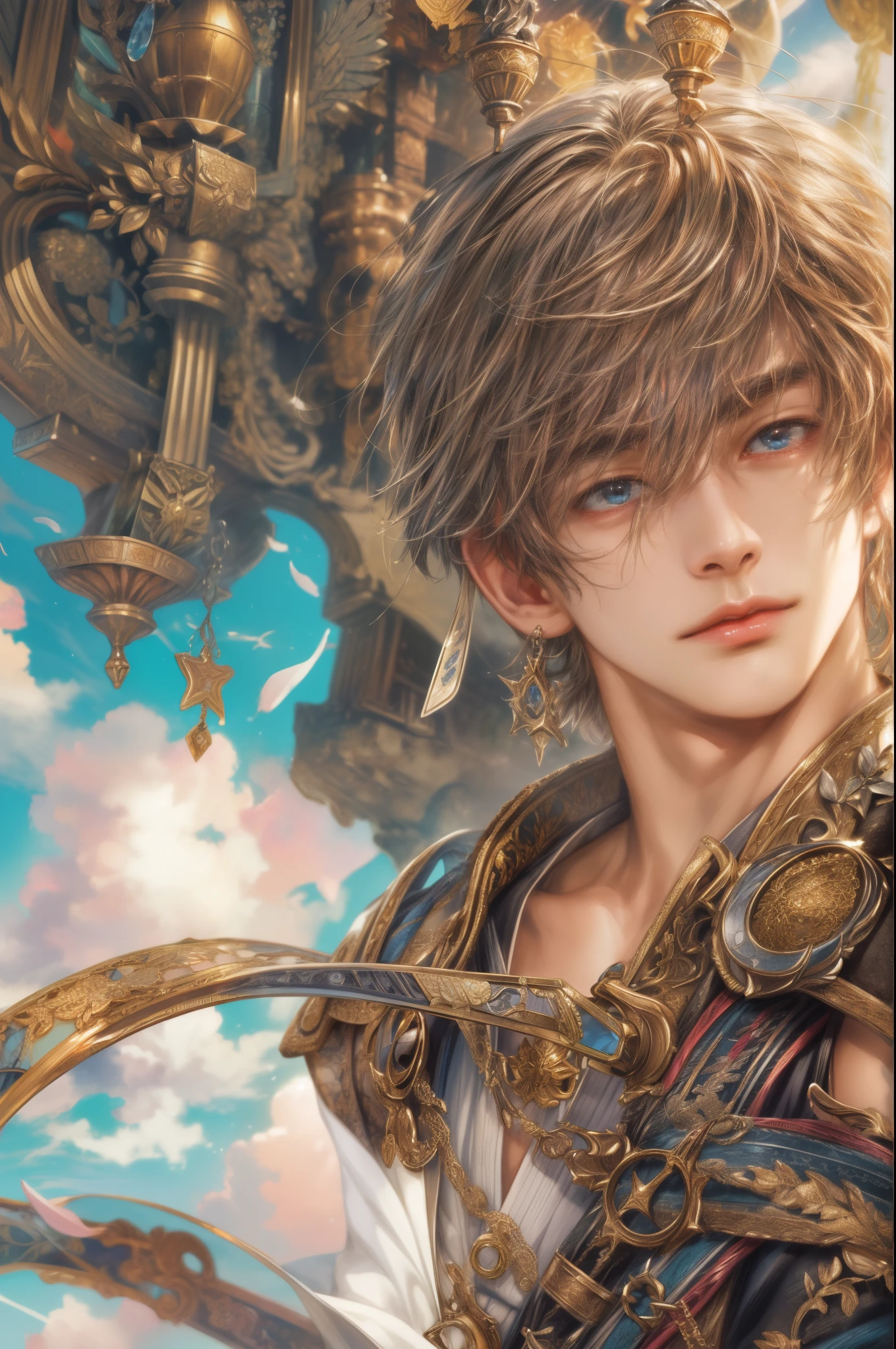 (absurdres, highres, ultra detailed, HDR), masterpiece, Intricate details,best quality picture of a character from Final Fantasy Brave, manly face handsome  boy with short Hair anime eyes, intricate details on face, brave look, in a detailed outside paradise sanctuary scenery, detailed character, art kenouji