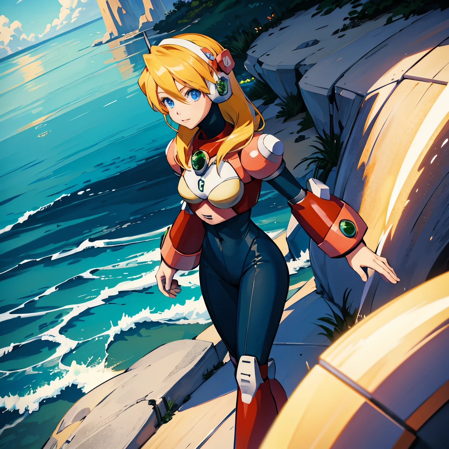 alia_megamanx, 1girl, solo, breasts, blue eyes, blonde hair, android, long hair, robot ears, overlooking the ocean on the edge of a rock, in the style of avian-themed, realistic yet stylized, villagecore, azure, orange and azure, dragoncore, aerial view