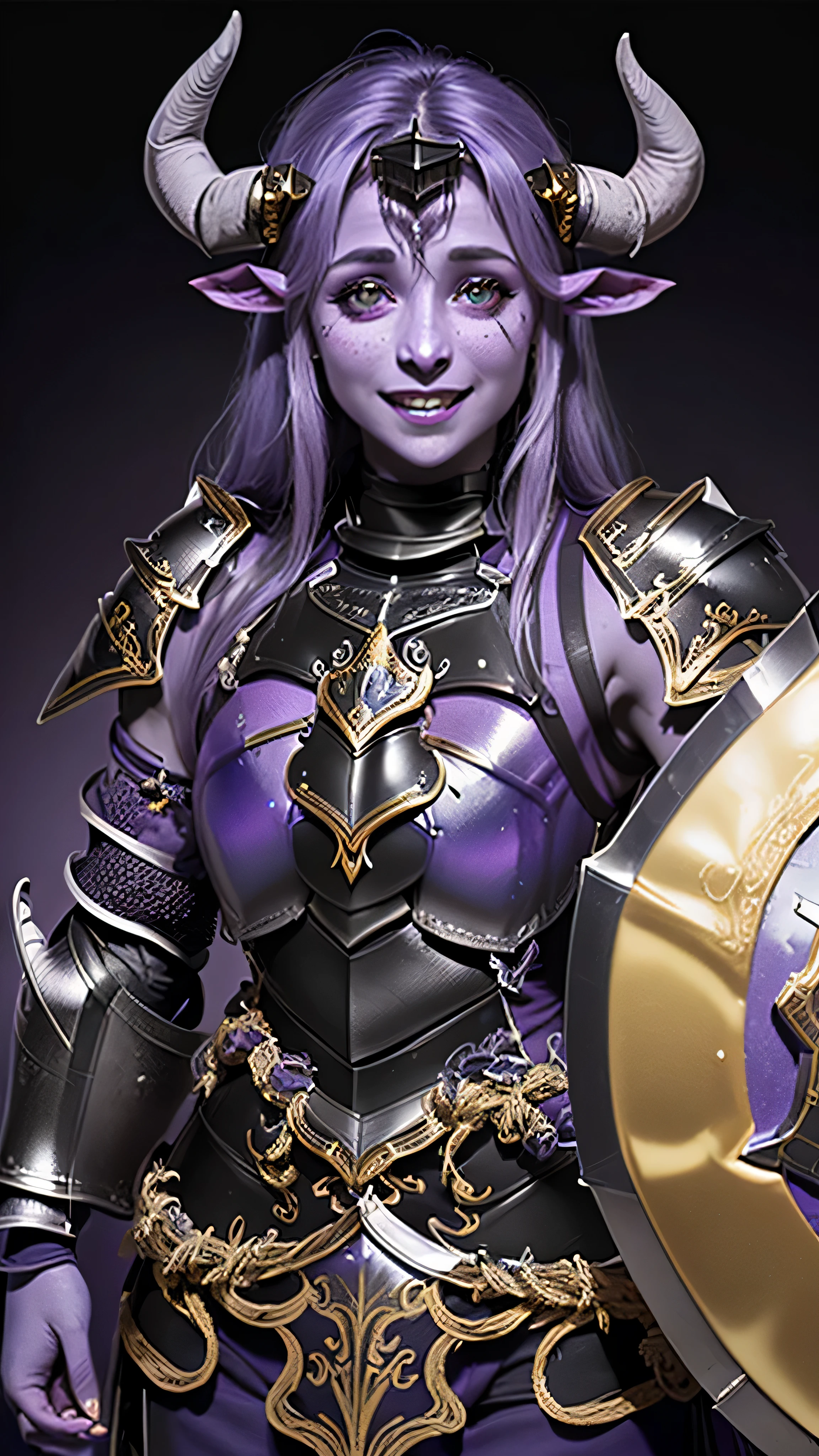 ((best quality: 1.5)) ((masterpiece: 0.8)), intricate details, sharp focus, professional, real life, realistic representation of the face, dynamic action pose, in the style of realistic and hyper detailed renderings BREAK (((((muscular (purple skin draenei girl), glossy (black horns), lacquered black paladin (armor:1.8), gold filigree, iridescent chrome shield, smiling)), gold eye, purple eye, red lips, long hair, [dark hair:blonde hair:0.6])))), freckles: 1.0), photorealistic, hyper-realistic, 8K