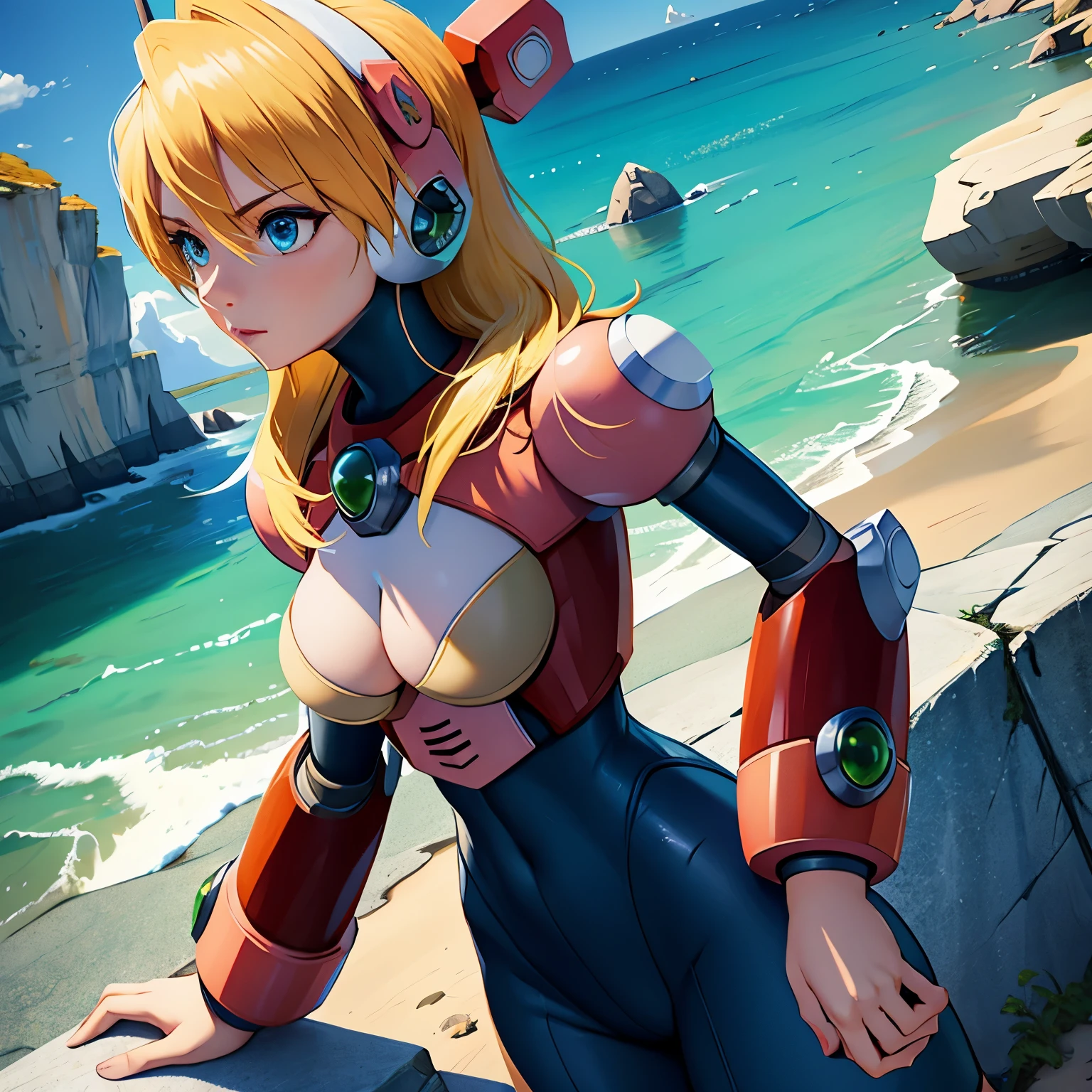 alia_megamanx, 1girl, solo, breasts, blue eyes, blonde hair, android, long hair, robot ears, overlooking the ocean on the edge of a rock, in the style of avian-themed, realistic yet stylized, villagecore, azure, orange and azure, dragoncore, aerial view