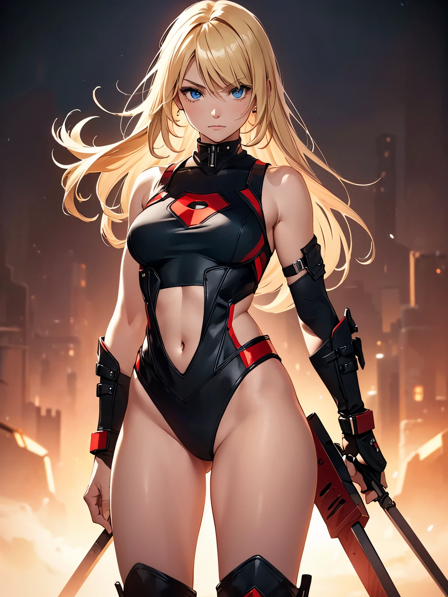 1girl, medium breasts, leotard, black leotard with red accents, sleeveless, midriff, bare legs, boots, matching boots, bracelets, mars backdrop, solo, single, standing, full body shot, cowboy shot, beautiful detailed eyes, blonde hair, medium hair, superhero, barbarian, using broad sword in hand