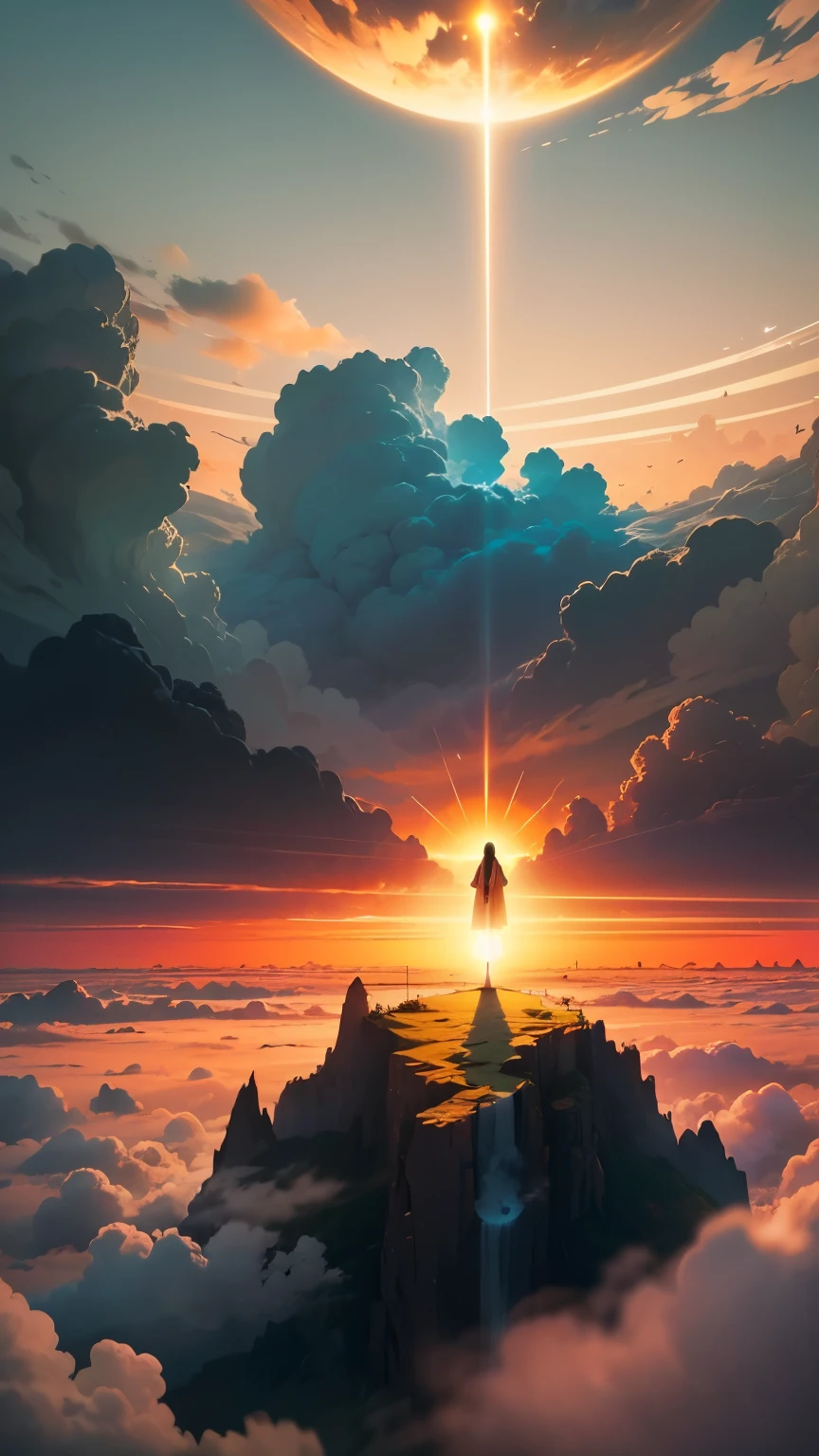 (best quality,highres,ultra-detailed),(realistic:1.37),Jesus floating in the air on top of the clouds,with a beam of light shining on his face,heavenly glow,angelic figure,floating above the world,serene expression,divine radiance,holy aura,glorious illumination,celestial beauty,ethereal atmosphere,golden halo,peaceful and serene background,heavenly clouds,pure and soft color palette,sunburst in the sky,calm and tranquil scenery,spiritual and awe-inspiring,divine presence and tranquility,breathtaking and ethereal view,overwhelming sense of peace and serenity.