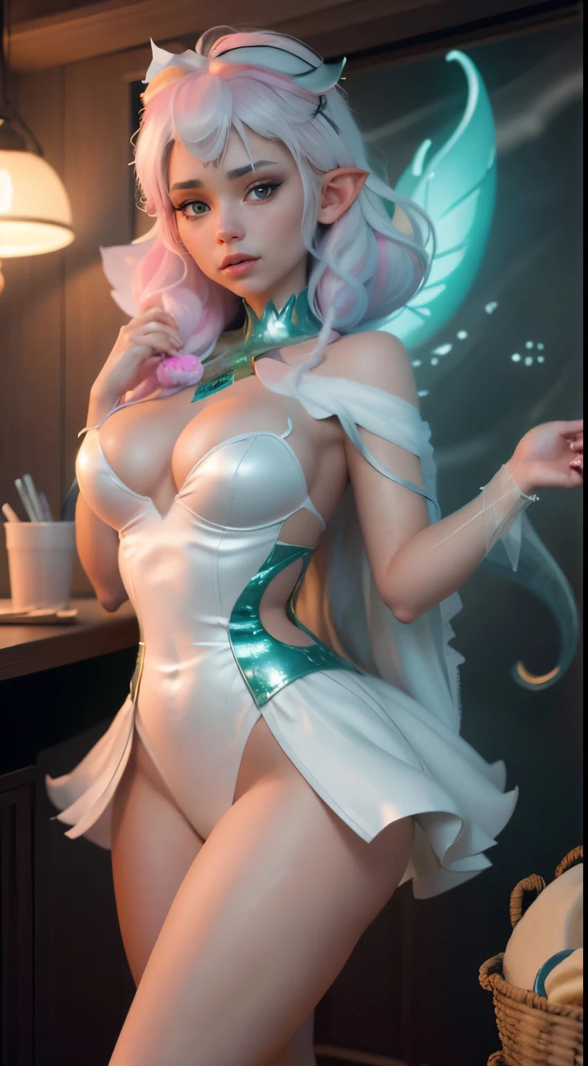 Elfgirl (Komi-san-Elsa frozen Disney tinkerbell Disney mezclando modelos .) (ultra FUSION of white and pink hair) Highly detailed CG unity 8k wallpaper, style shot, complex, high detail, dramatic, highest quality movie still image, very detailed, masterpiece, best quality, character design, Elsa, Elsa from Frozen,Komi-san tinkerbell Disney fusion (( Dark style)), realistic ultra-detailed rendering style, natural light, sharp character design, (hard focus, 8k), (((natural skin texture))), 8k textures, soft cinematic lighting, adobe lightroom, dark room, hdr, Sophisticated, Elegant, Rich Detail, Sharp Focuilm Look) )), Soothing Tones, Detail Frenzy, Intricate Detail, Super Detail, Low Contrast, Soft Film Lighting, Dull Colors, Exposure Blending, HDR, Fade, 35mm, f/1.4, ISO64, f16, 25 sec.