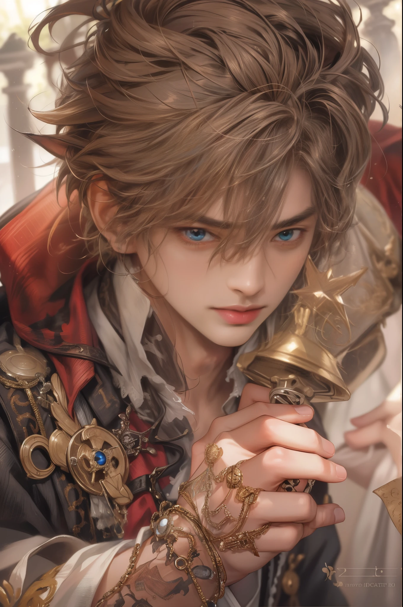 (absurdres, highres, ultra detailed, HDR), masterpiece, best quality, pirates of the Caribbean character, handsome young boy, short hair, korean handsome face, anime eyes, detailed interior, detailed character