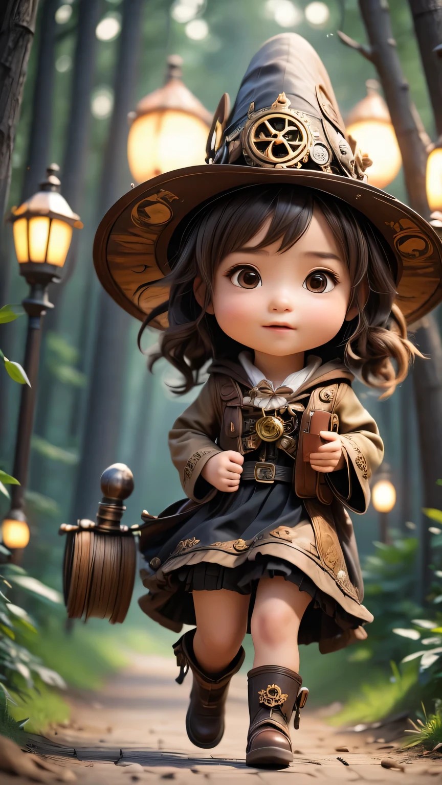 steampunkai。highest quality。masterpiece。detailed details。one girl。little cute girl。steampunk witch。witch hat。witch&#39;s clothes。long light brown fluffy hair。smile。carry a big broom。Running on the road。The background is a forest with bright light shining through.。
